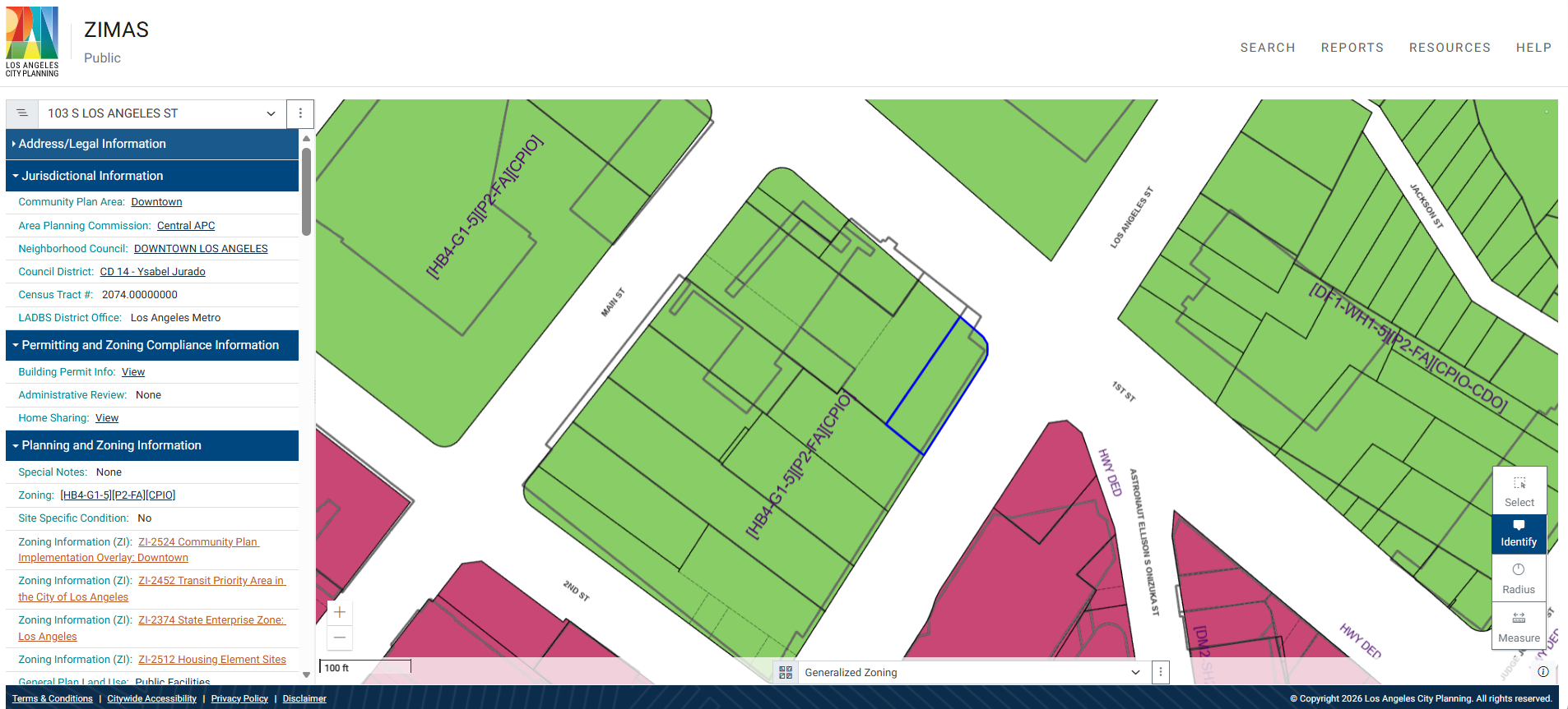 ZIMAS dashboard showing a Los Angeles parcel selected on the map with the Planning and Zoning Information panel open on the right, displaying zone code, overlay conditions, and incentive eligibility as text fields.