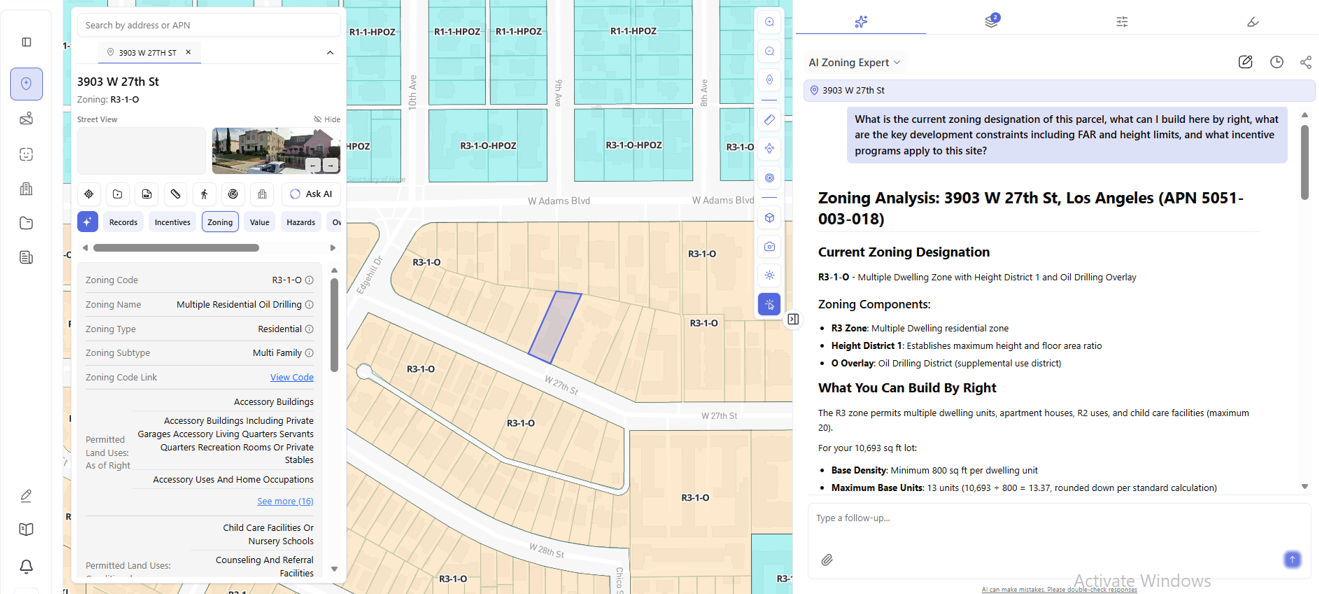 Archiwise parcel panel for 3903 W 27th St showing Zoning tab with permitted, conditional, and prohibited land uses, plus AI Zoning Expert density calculation.