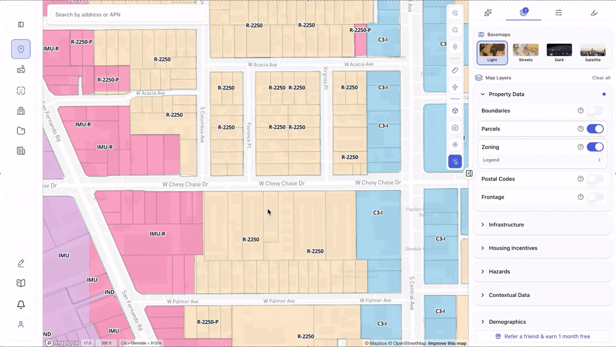 Archiwise nationwide zoning layer showing color-coded parcels across a neighborhood with the full map layers panel open — Property Data, Infrastructure, Housing Incentives, Hazards, Contextual Data, and Demographics