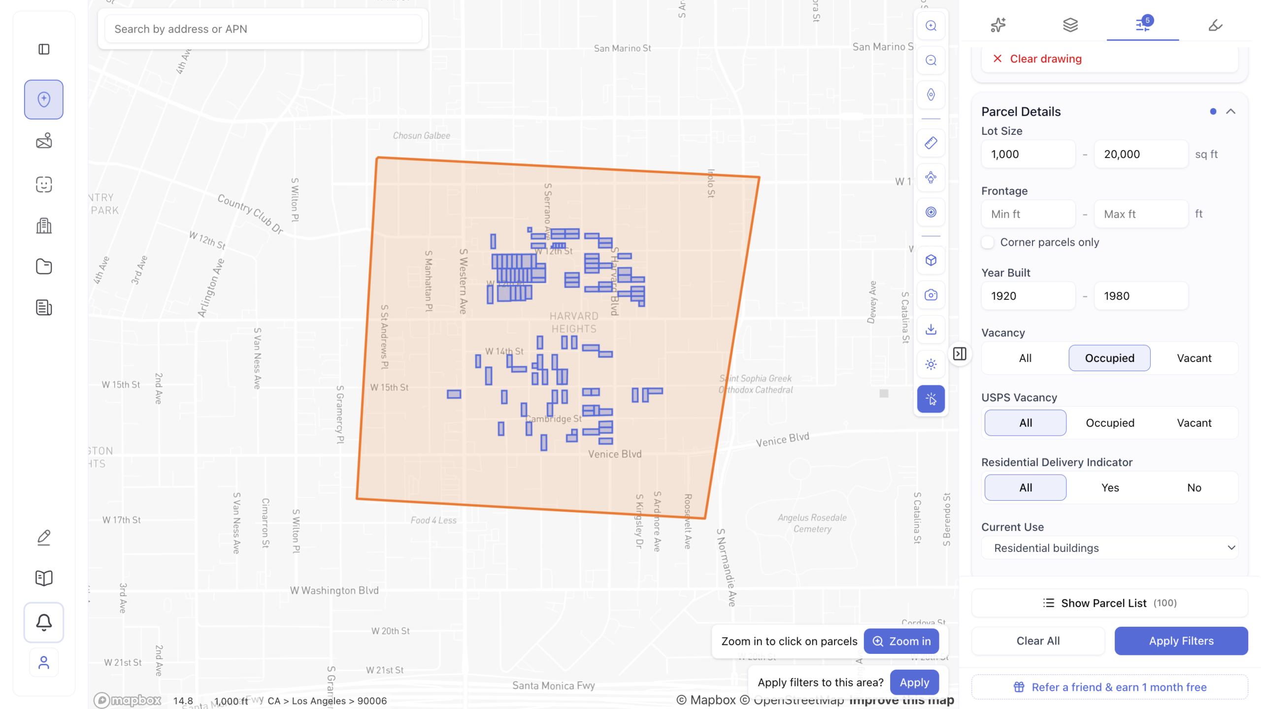 Screenshot of a custom draw search area tool in a parcel filtering platform, showing a hand-drawn orange polygon boundary over the Harvard Heights neighborhood in Los Angeles zip code 90006, highlighting 100 matching residential parcels in blue filtered by lot size between 1,000 and 20,000 sq ft, year built between 1920 and 1980, occupied vacancy status, and current use set to residential buildings.