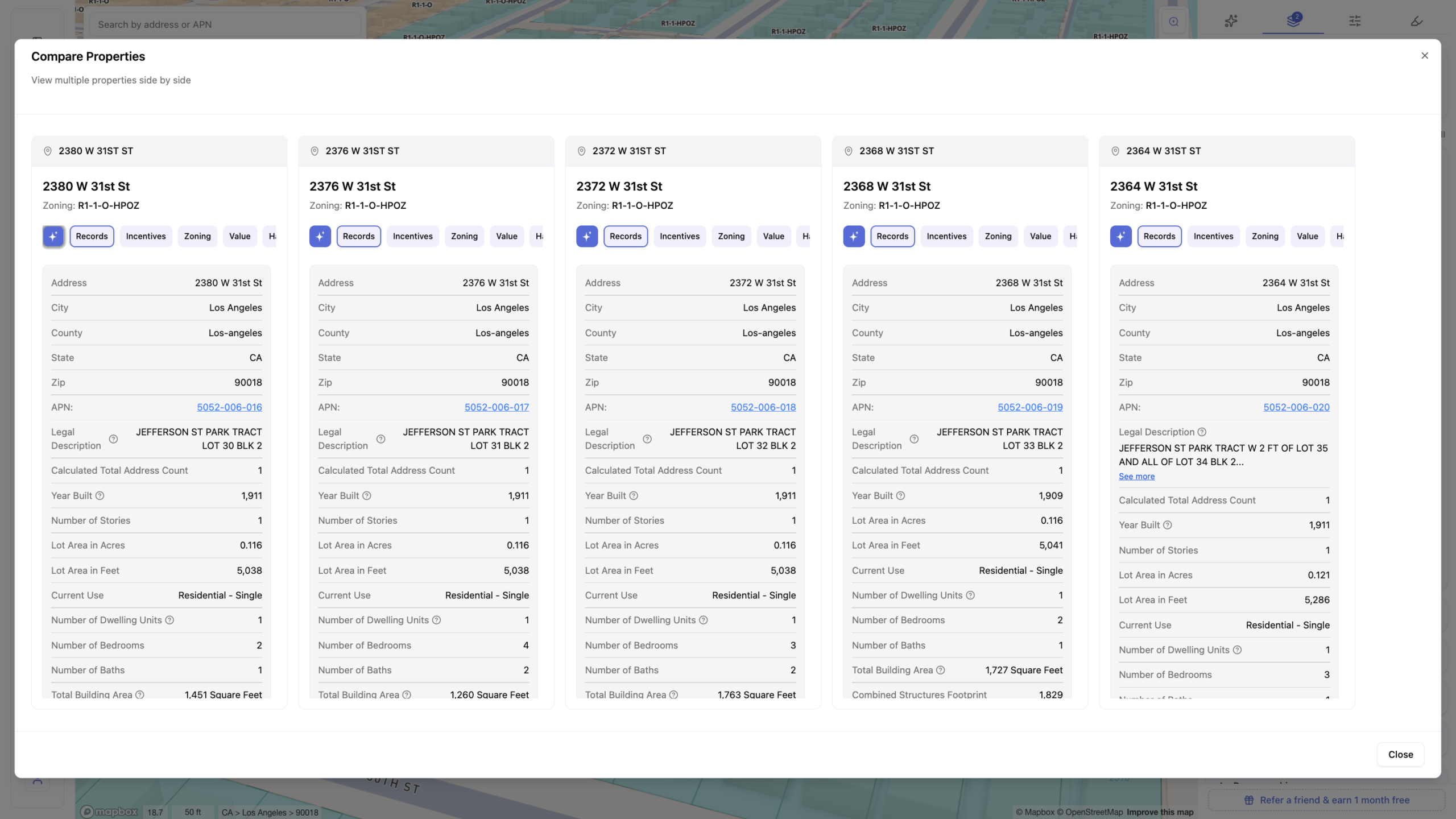 Screenshot of a Compare Properties side-by-side panel showing five adjacent parcels on W 31st St, Los Angeles, CA 90018, all zoned R1-1-O-HPOZ, displaying property records for 2380, 2376, 2372, 2368, and 2364 W 31st St with details including APN numbers, year built around 1911, lot area between 5,038 and 5,286 sq ft, single residential use, number of bedrooms, baths, and total building area for each parcel.