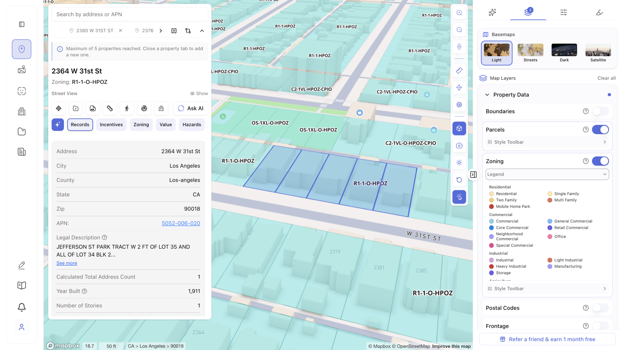 Screenshot of a multi-parcel selection tool showing five adjacent parcels highlighted in blue along W 31st St, Los Angeles, CA 90018, all zoned R1-1-O-HPOZ, with property details for 2364 W 31st St including APN 5052-006-020 built in 1911, a maximum of 5 properties reached notification, and a zoning legend in the map layers panel showing residential, commercial, and industrial color classifications.