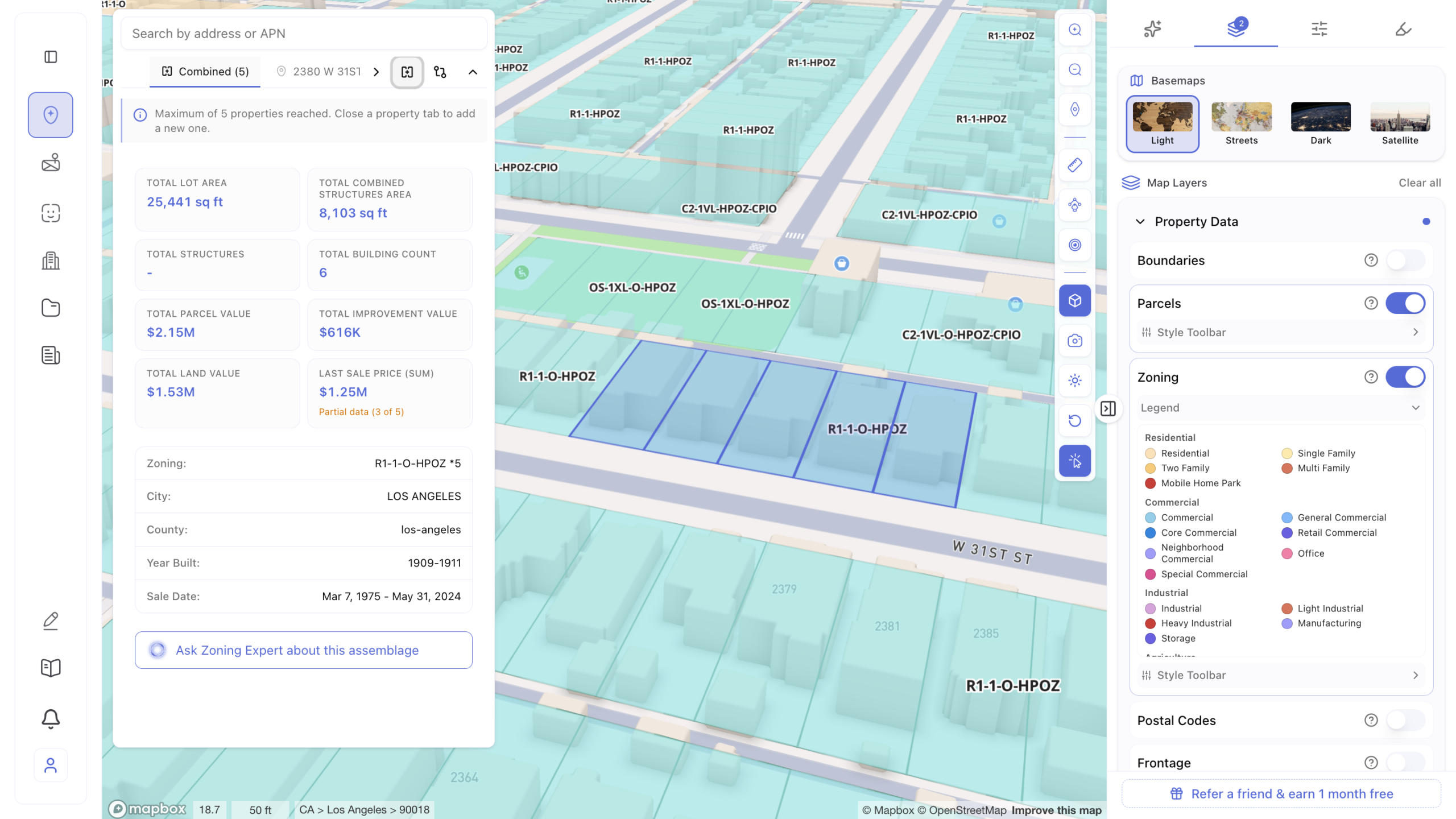 Screenshot of a combined parcel assemblage summary panel for five adjacent R1-1-O-HPOZ zoned lots on W 31st St, Los Angeles, showing total lot area of 25,441 sq ft, combined structures area of 8,103 sq ft, total building count of 6, total parcel value of $2.15M, total land value of $1.53M, last sale price sum of $1.25M, year built range of 1909 to 1911, and an Ask Zoning Expert about this assemblage button, overlaid on a 3D isometric zoning parcel map.
