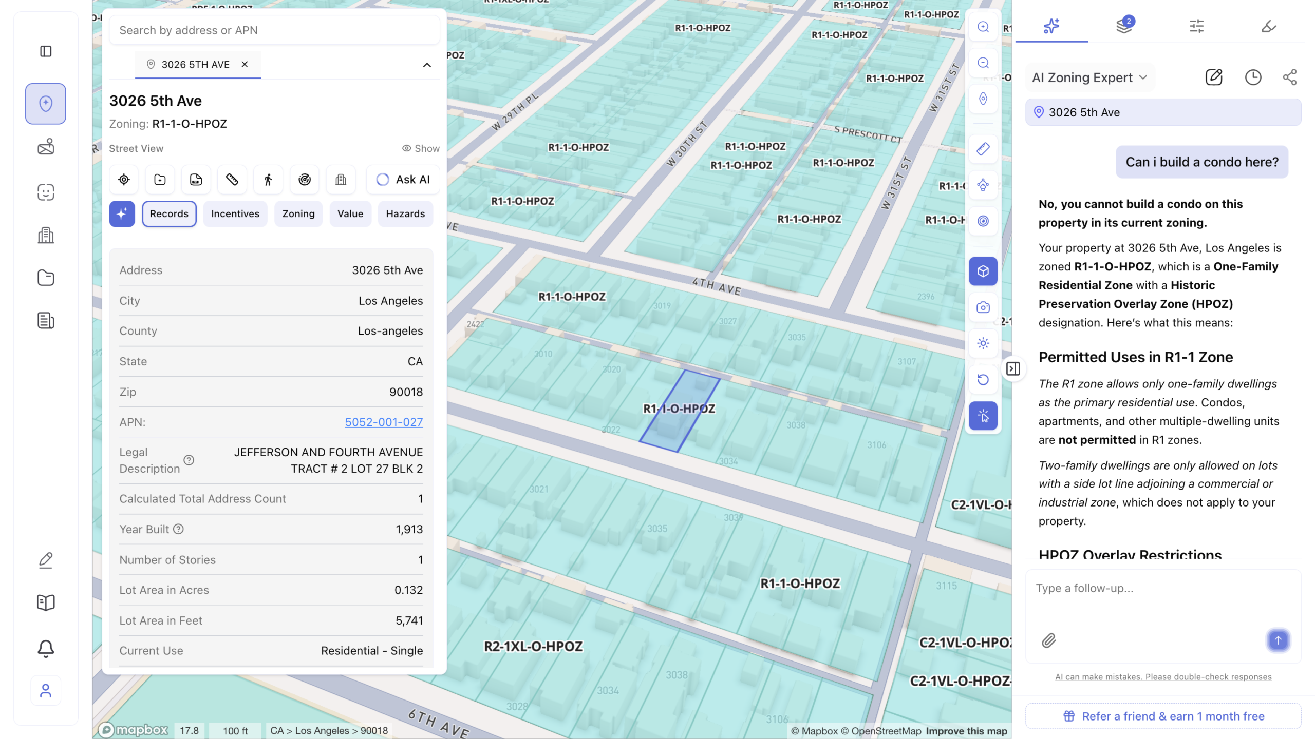 Alt text suggestion: "Screenshot of an AI Zoning Expert response for 3026 5th Ave, Los Angeles, CA 90018, zoned R1-1-O-HPOZ, answering the question 'Can I build a condo here?' with a detailed explanation that condos are not permitted in the One-Family Residential Zone with Historic Preservation Overlay Zone designation, including permitted uses, two-family dwelling restrictions, and HPOZ overlay restrictions, alongside a 3D isometric zoning parcel map.