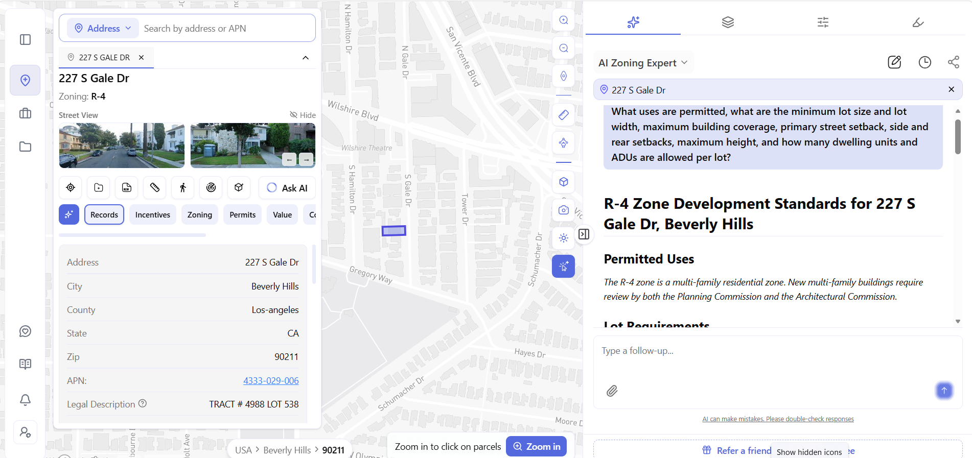Archiwise AI Zoning Expert chat listing R-4 zone development standards, setbacks, and unit count for a parcel