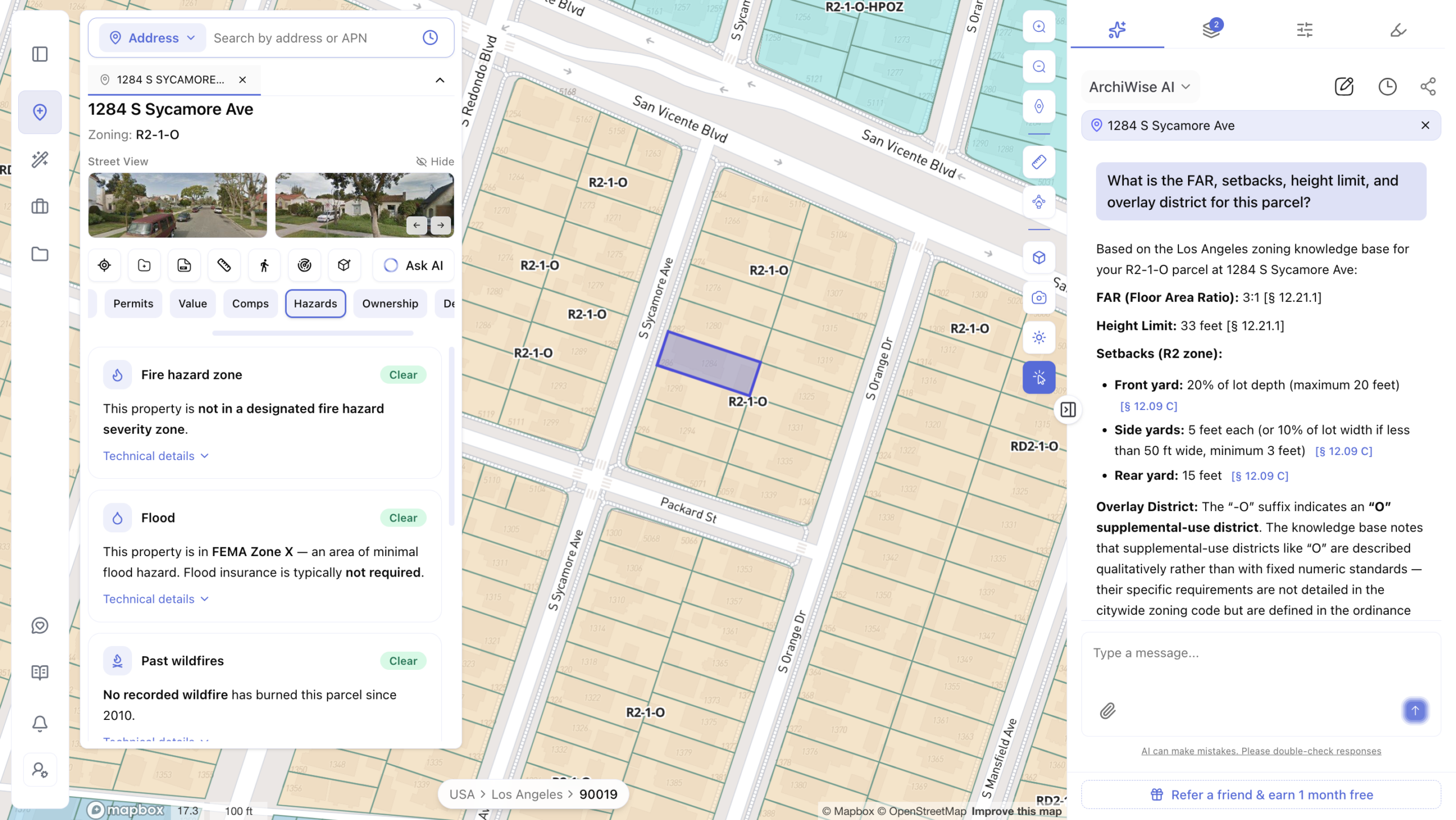 Screenshot of the ArchiWise AI real estate mapping app showing a zoning map of a Los Angeles neighborhood near San Vicente Blvd and Packard St, zoned R2-1-O, with a selected parcel at 1284 S Sycamore Ave. The left panel displays hazard data including fire hazard zone, flood zone, and past wildfire history, while the right panel shows an AI chat response detailing the FAR, height limit, setback requirements, and overlay district information for the R2-1-O zoned property.