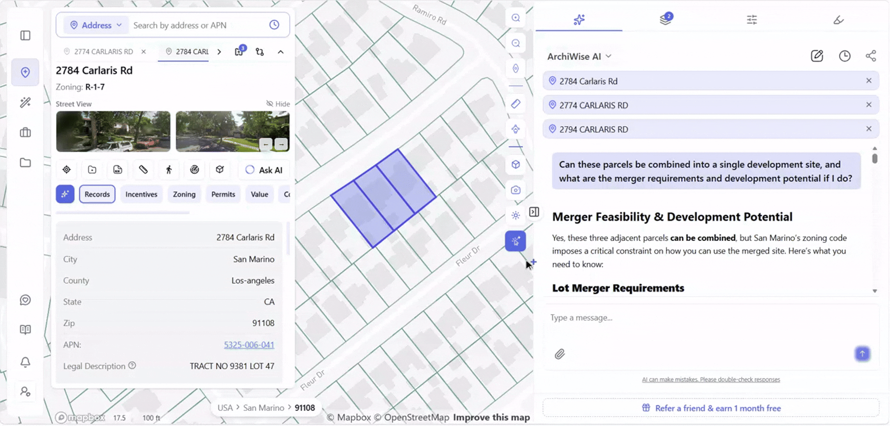 Three adjacent parcels on Carlaris Rd, San Marino, CA, selected for assemblage analysis, with the Archiwise AI Copilot confirming merger feasibility and a shared-yard-area zoning restriction.