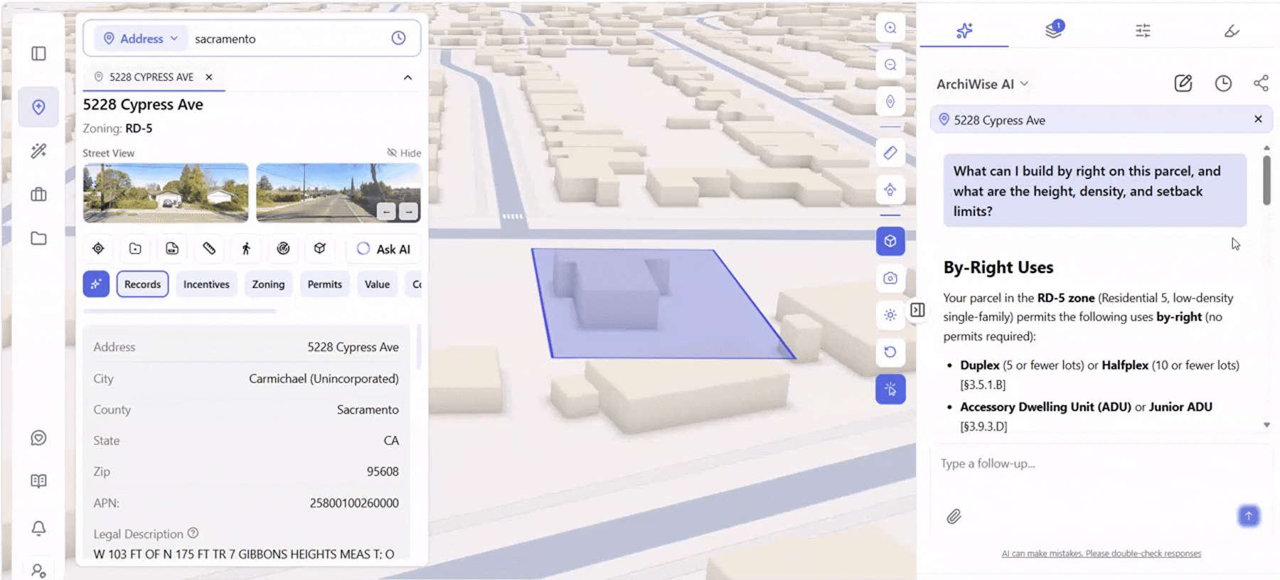 Archiwise's AI Zoning Expert answering a by-right development question for 5228 Cypress Ave, Carmichael, CA, citing the Sacramento County Zoning Code for the RD-5 zone.