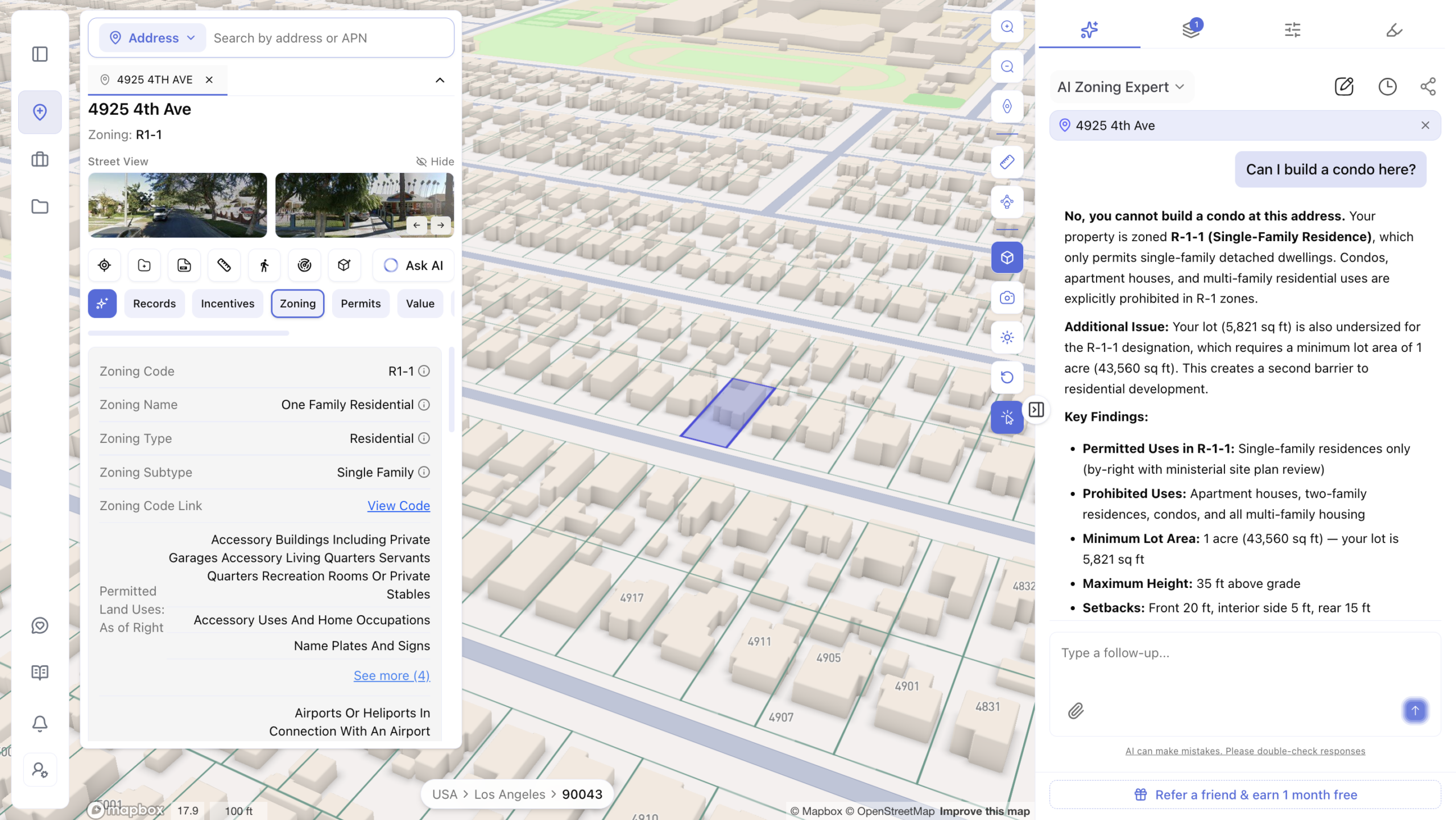 Screenshot of a zoning research app showing a 3D map view of a property at 4925 4th Ave in Los Angeles, zoned R1-1 single-family residential. The right panel shows an AI Zoning Expert answering the question 'Can I build a condo here?' with a 'No' response explaining that condos and multi-family housing are prohibited in R-1-1 zones, and that the 5,821 sq ft lot is undersized compared to the required 1-acre minimum, along with key findings on permitted uses, maximum height, and setback requirements.