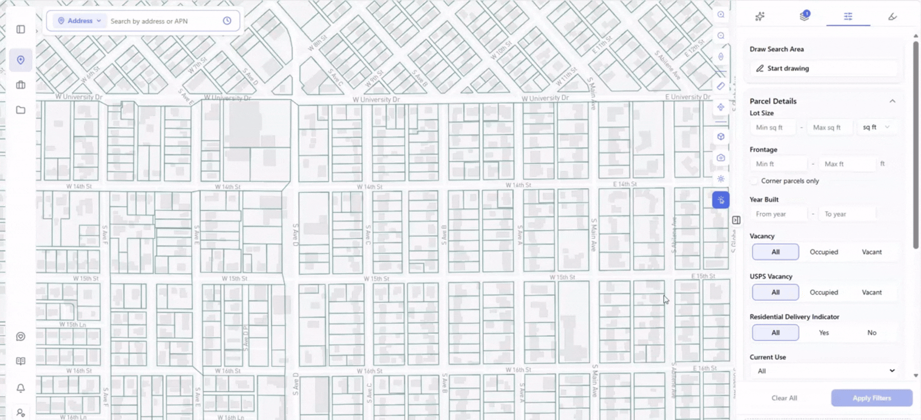 "Animated GIF of Archiwise's Draw Search Area tool over a residential grid near W University Dr, with the Parcel Details filter panel open for lot size, frontage, and vacancy.