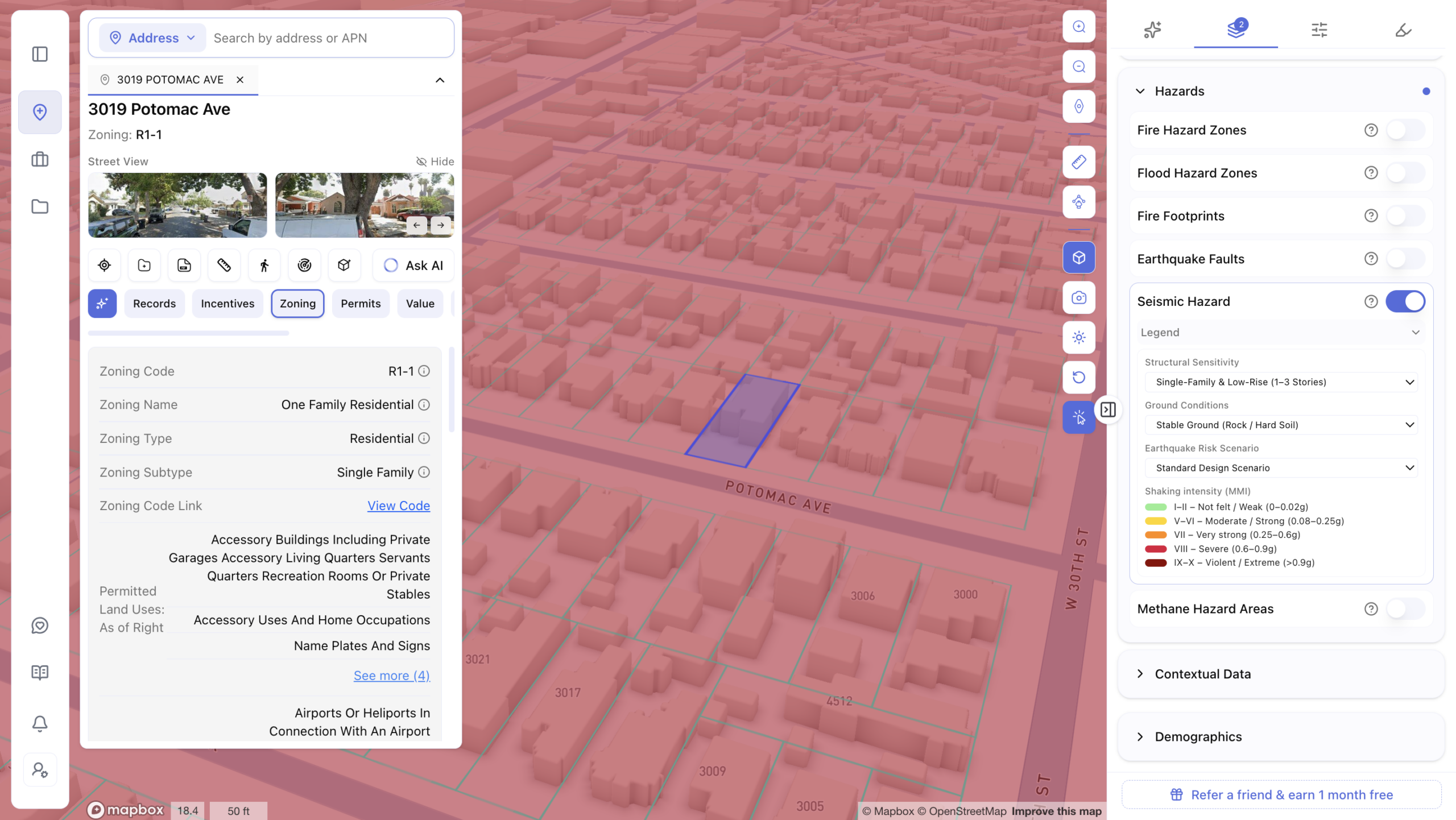 Screenshot of a real estate mapping app showing a 3D seismic hazard map overlay near Potomac Ave and W 30th St, with a red-shaded area indicating earthquake shaking intensity risk for a selected R1-1 single-family zoned property at 3019 Potomac Ave. The right panel displays a Seismic Hazard layer toggled on, showing structural sensitivity, ground conditions, earthquake risk scenario settings, and a shaking intensity legend, while the left panel shows zoning code details and street view images of the property.