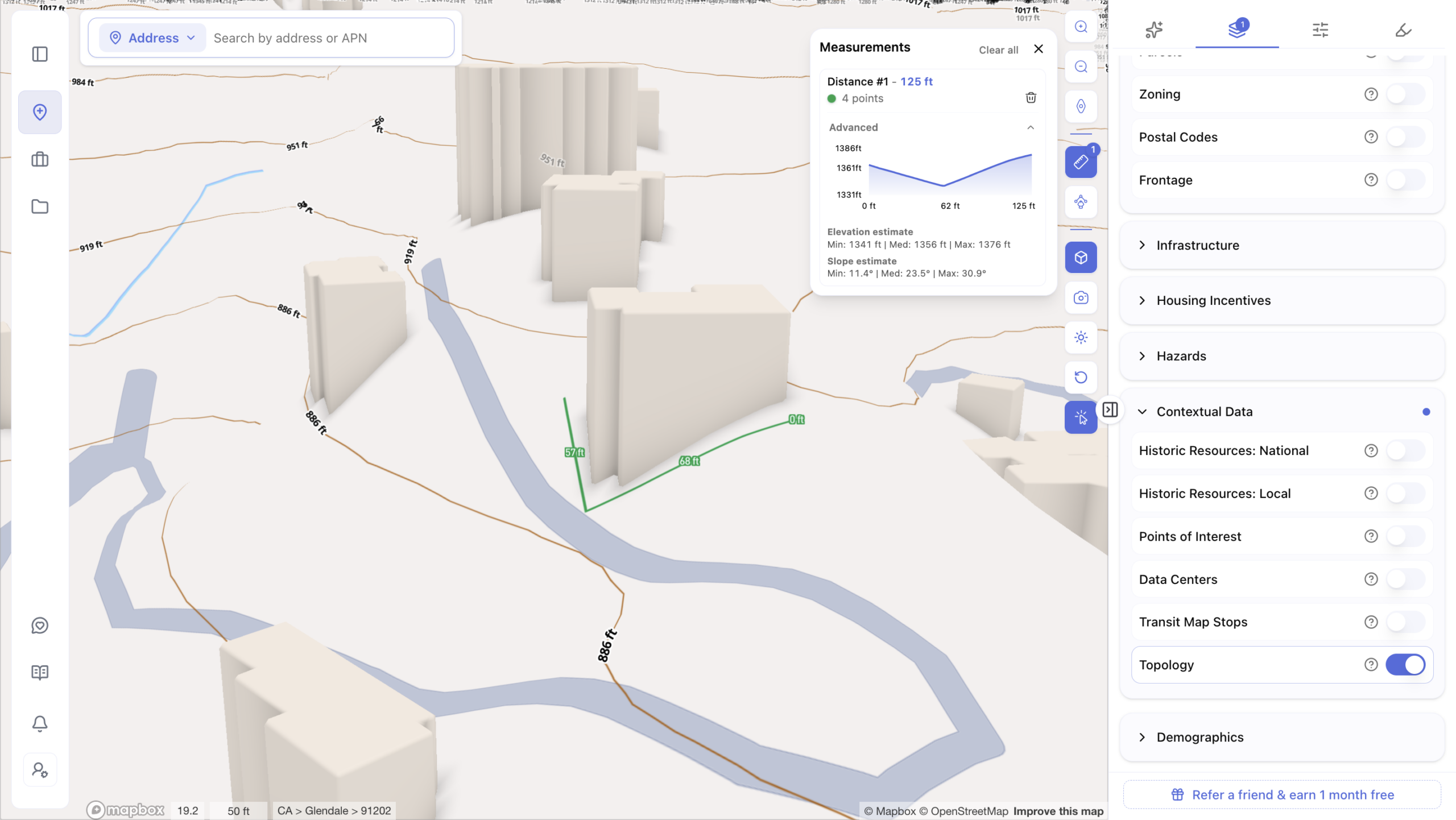 Archiwise 3D terrain view measuring elevation and slope between four points on a hillside parcel