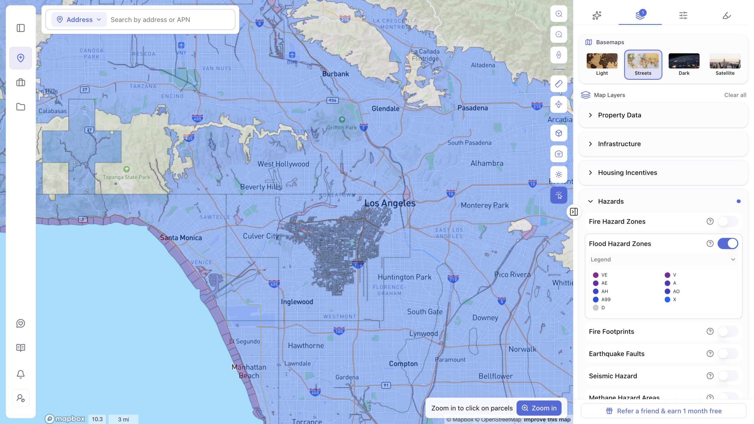 Screenshot of a real estate mapping app displaying FEMA Flood Hazard Zones across the greater Los Angeles area, including Burbank, Pasadena, Beverly Hills, Culver City, Inglewood, and Compton, with blue overlays indicating different flood zone classifications (VE, AE, AH, A99, V, A, AO, X, D). The right panel shows a Map Layers menu with the Hazards section expanded and Flood Hazard Zones toggled on, alongside other layer options like Fire Hazard Zones, Earthquake Faults, Seismic Hazard, and Methane Hazard Areas.