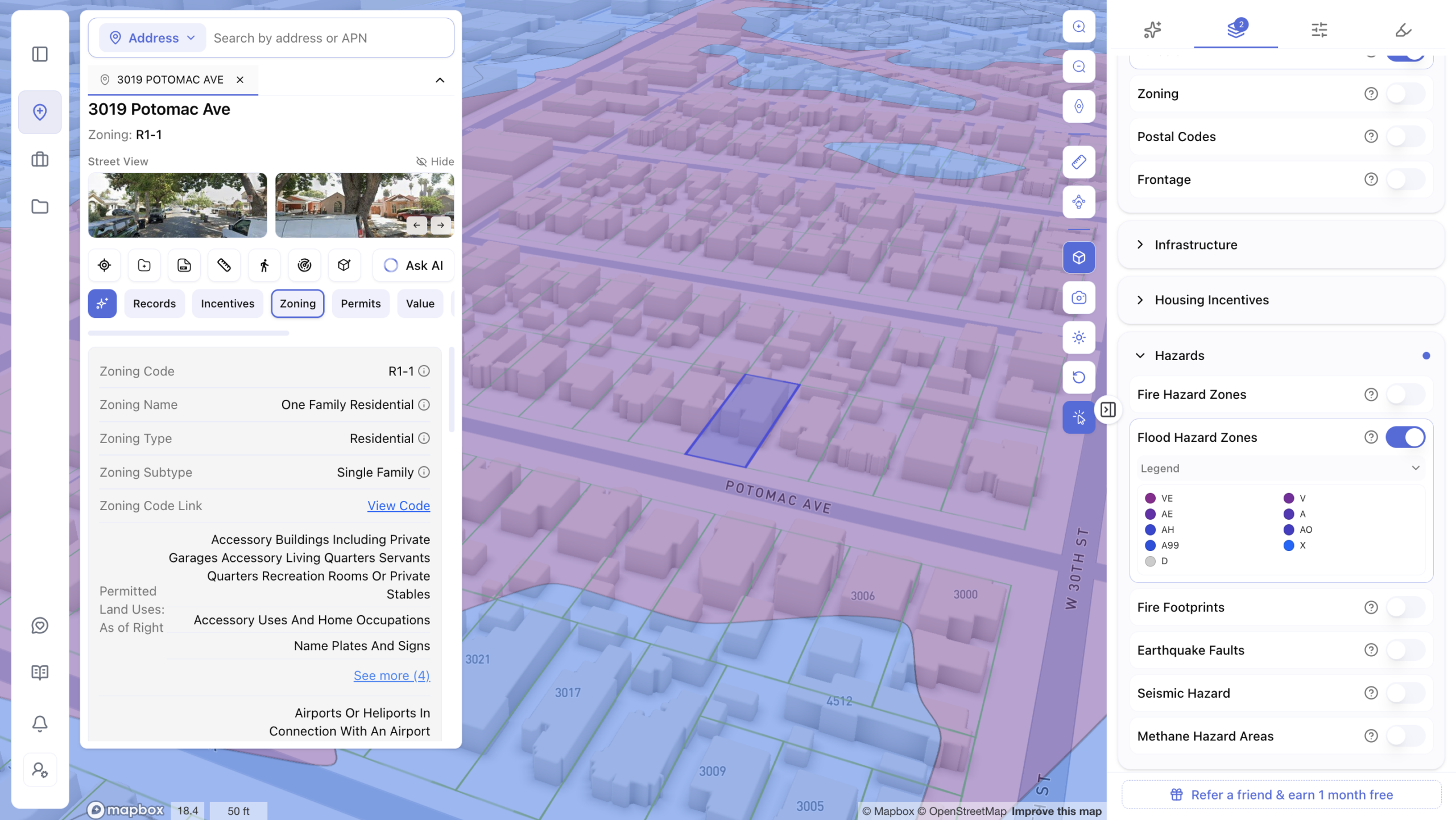 Screenshot of a real estate mapping app showing a 3D flood hazard zone overlay near Potomac Ave and W 30th St, with blue and purple shaded areas indicating different flood risk classifications for a selected R1-1 single-family zoned property at 3019 Potomac Ave. The right panel displays a Flood Hazard Zones layer toggled on with a legend showing zone types (VE, AE, AH, A99, V, A, AO, X, D), while the left panel shows zoning code details and street view images of the property.