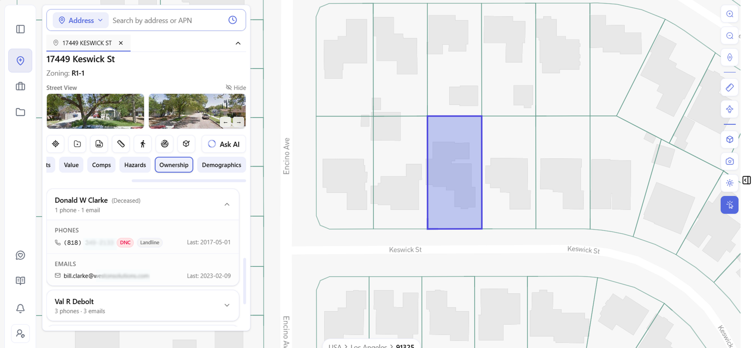 Archiwise owner contacts loaded for 17449 Keswick St, showing named contacts Donald W Clarke (deceased) and Val R Debolt with phone and email counts, details blurred for privacy.