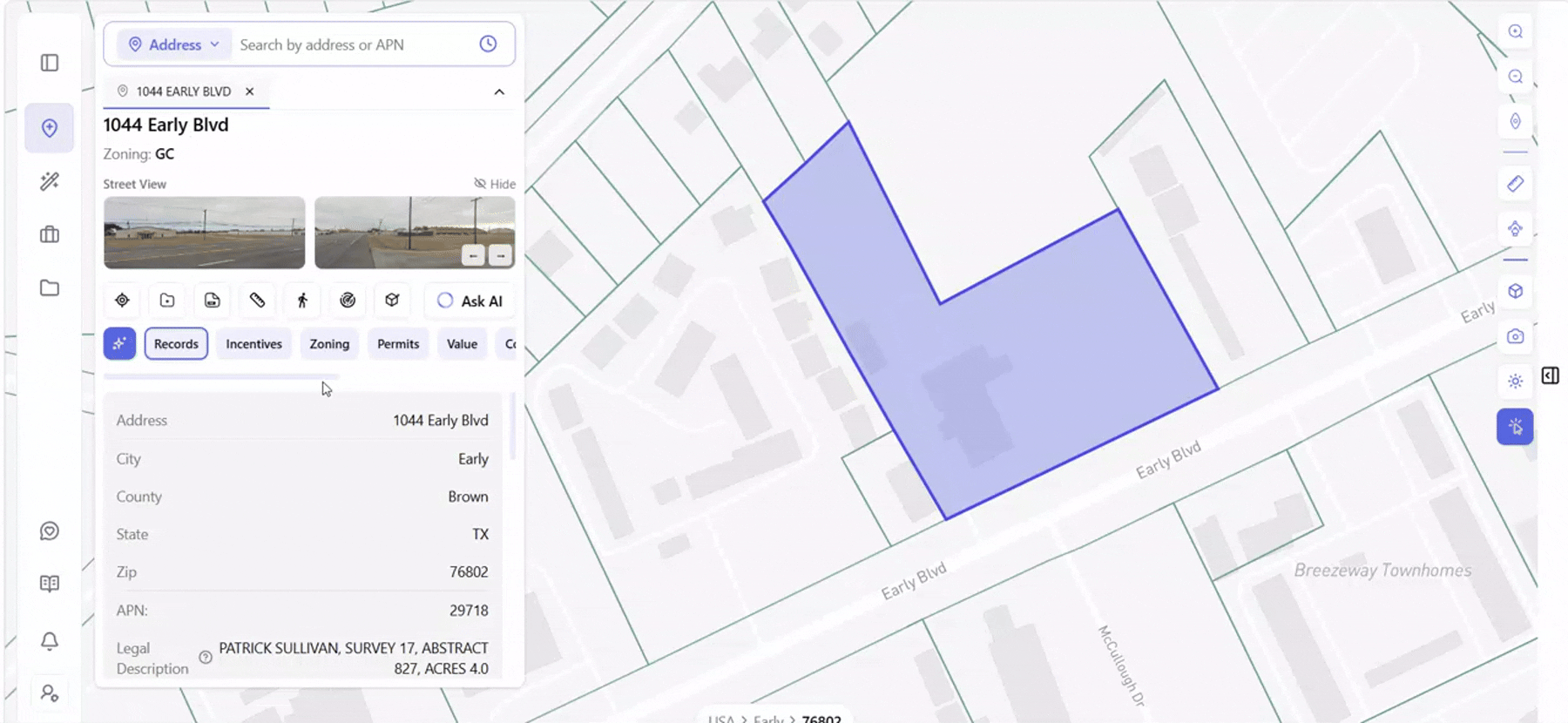Archiwise Hazards tab for 1044 Early Blvd, Early, TX, showing Fire hazard zone rated Moderate and Flood rated Clear, each with a Technical details toggle.