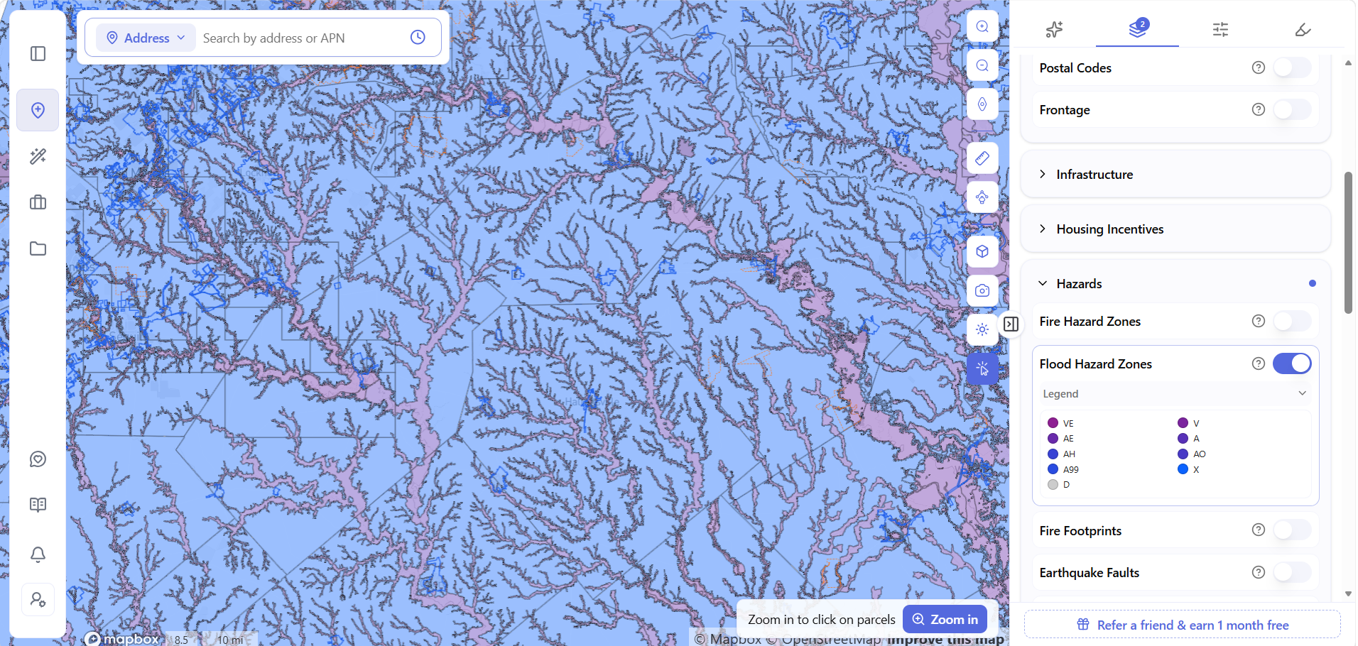 Archiwise's Flood Hazard Zones map layer toggled on across a wide area, with a legend showing FEMA flood zone categories from VE to X