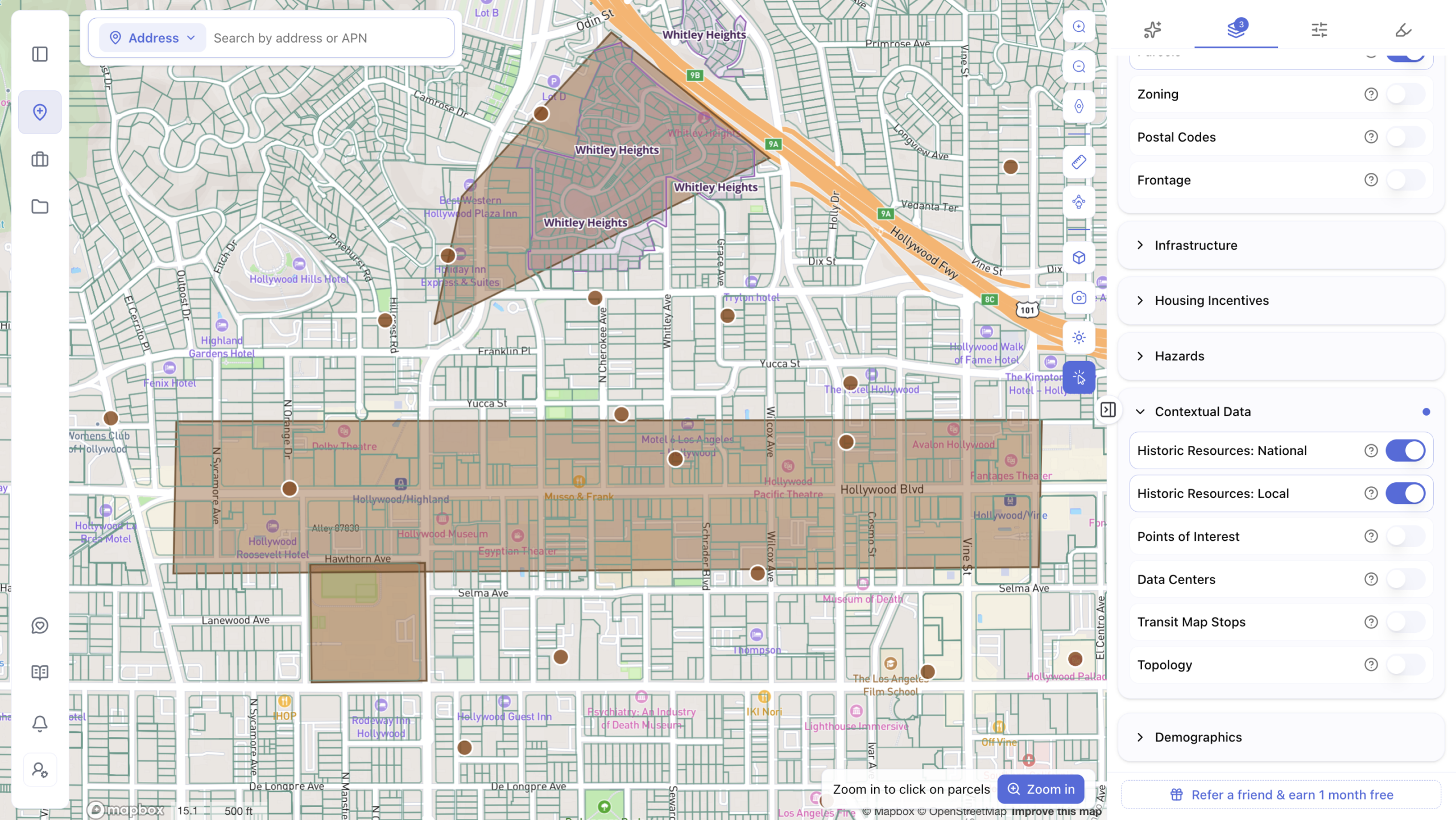 Screenshot of a real estate mapping app showing highlighted historic resource districts in Hollywood, Los Angeles, including the Whitley Heights neighborhood and a section of Hollywood Blvd near the Dolby Theatre, Hollywood Roosevelt Hotel, and Egyptian Theater. The right panel shows a Contextual Data menu with Historic Resources: National and Historic Resources: Local layers toggled on, alongside other options like Points of Interest, Data Centers, Transit Map Stops, and Topology.