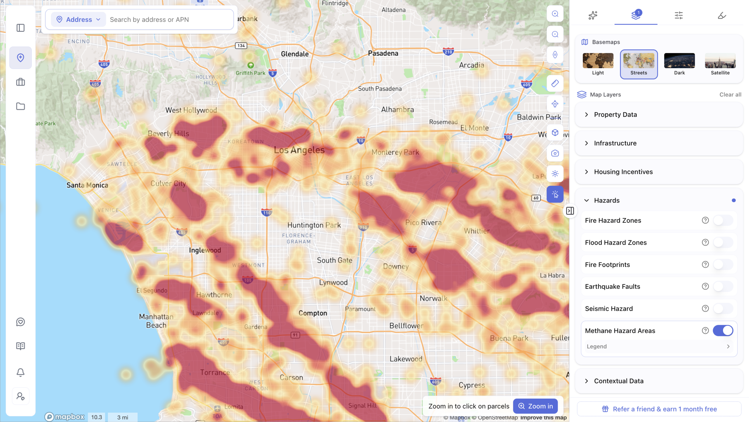 Screenshot of a real estate mapping app displaying a Methane Hazard Areas heat map across Los Angeles County, with orange and red overlays showing concentrated risk zones near Beverly Hills, Koreatown, Downtown LA, Inglewood, Compton, and Torrance. The right panel shows a Map Layers menu with the Hazards section expanded and Methane Hazard Areas toggled on, alongside other layer options like Fire Hazard Zones, Flood Hazard Zones, Earthquake Faults, and Seismic Hazard.