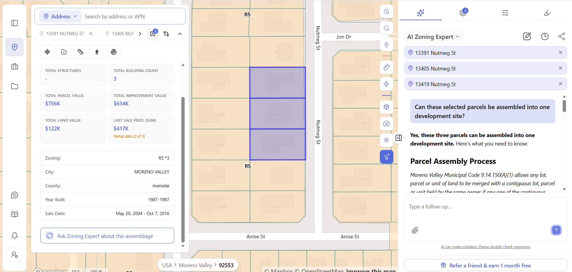 Archiwise AI Zoning Expert confirming three parcels can be assembled into one development site