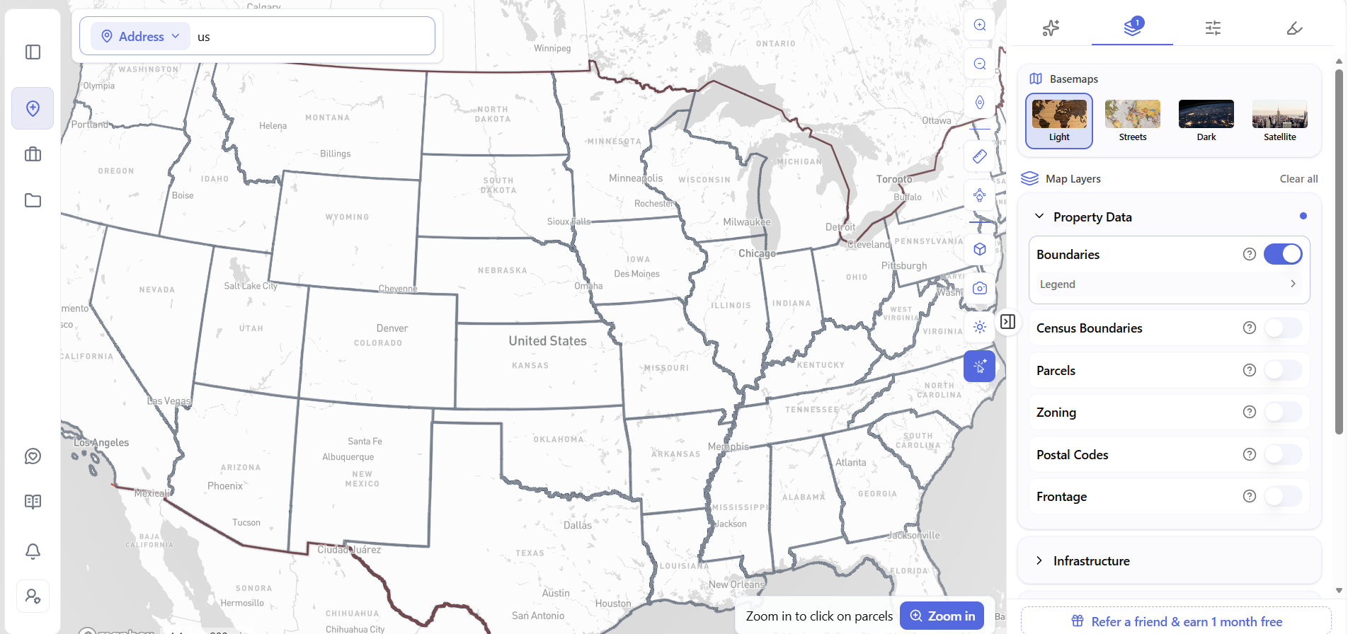 Archiwise map interface showing nationwide parcel boundary coverage across the United States