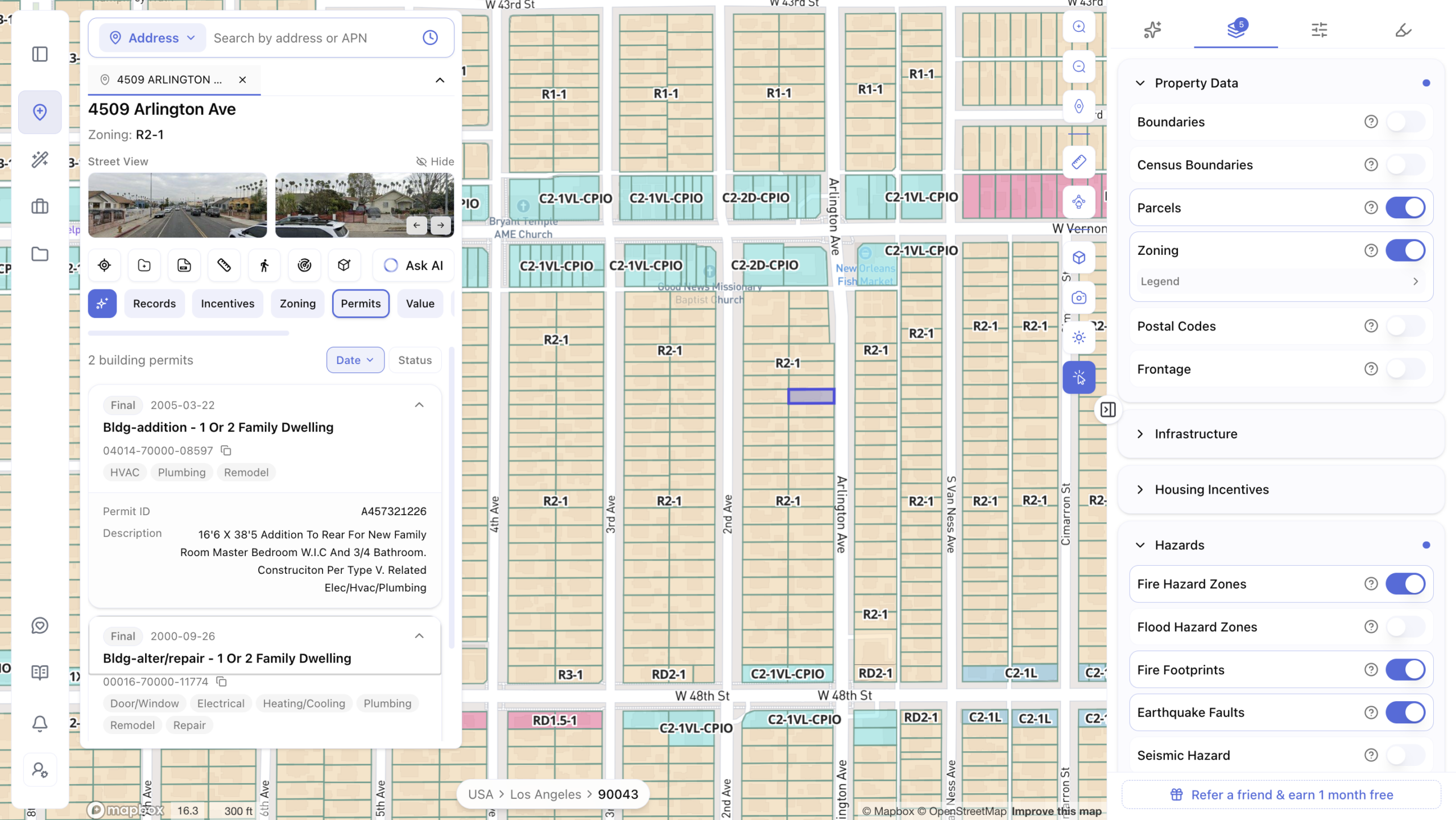 Screenshot of a real estate mapping app showing a color-coded zoning map of a Los Angeles neighborhood near Arlington Ave, displaying various zoning designations such as R1-1, R2-1, R3-1, RD2-1, and C2-1VL-CPIO. The left panel shows a property overview for 4509 Arlington Ave zoned R2-1, with building permit history including a bedroom addition and remodel permits. The right panel displays a Map Layers menu with Zoning and Parcels toggled on, along with Fire Hazard Zones, Fire Footprints, and Earthquake Faults hazard layers enabled.