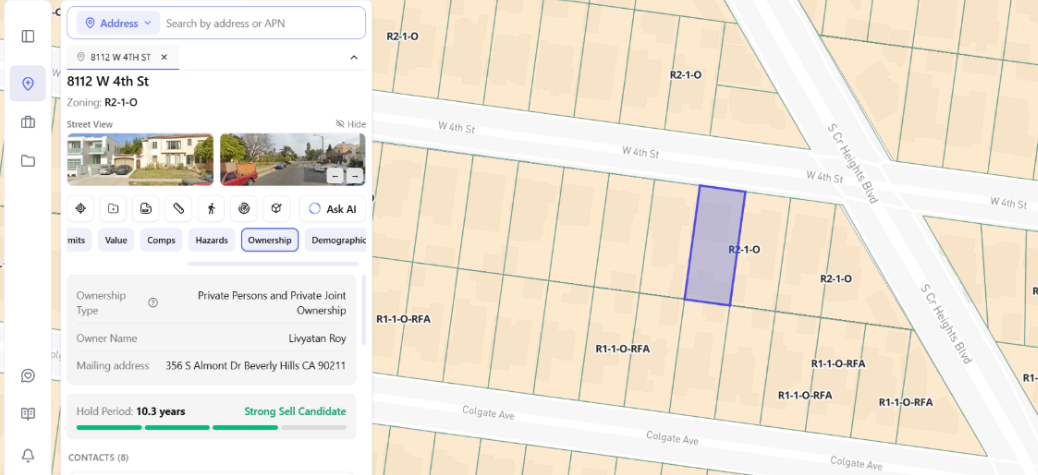 Archiwise Ownership tab showing owner name, mailing address, and hold period for a parcel