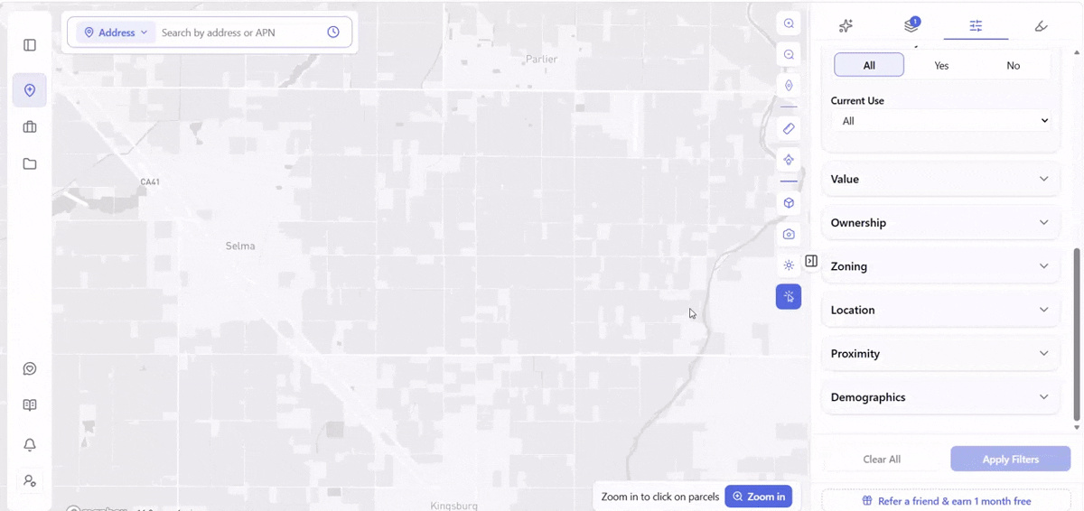Archiwise Ownership Type filter expanded to show numbered ownership codes including private ownership, private trusts, businesses and commercial entities, tribal allotted land in federal trust, nonprofit subtypes, and joint ownership categories.