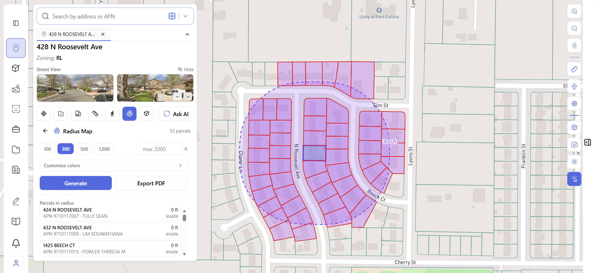Archiwise radius map tool showing 300-foot notification boundary and parcel ownership list