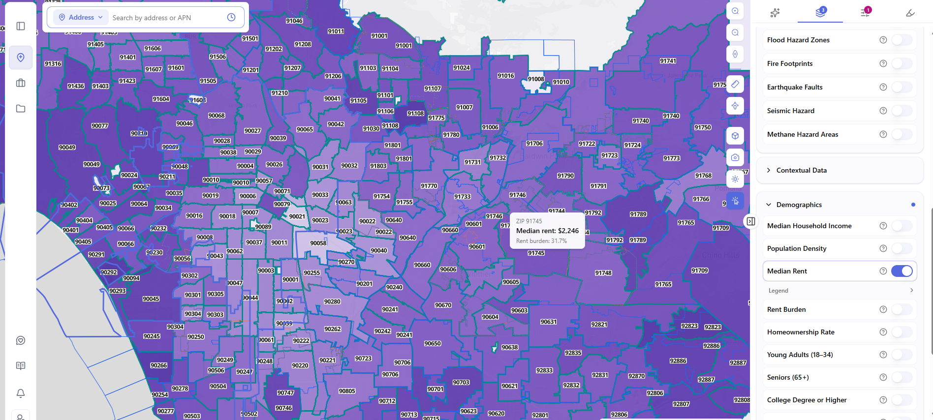 Archiwise map of a Southern California region with ZIP code boundaries and the Demographics layer group open, including Median Household Income, Median Rent, Rent Burden, and Homeownership Rate.
