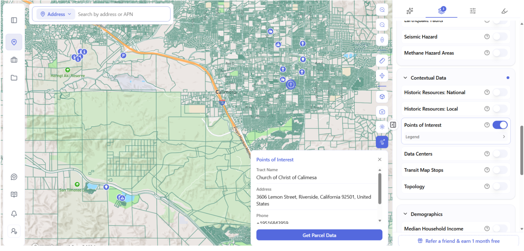 "Archiwise map with the Points of Interest layer on, showing a business location popup in Riverside, California, and the Contextual Data layer group with historic resources and transit stops.