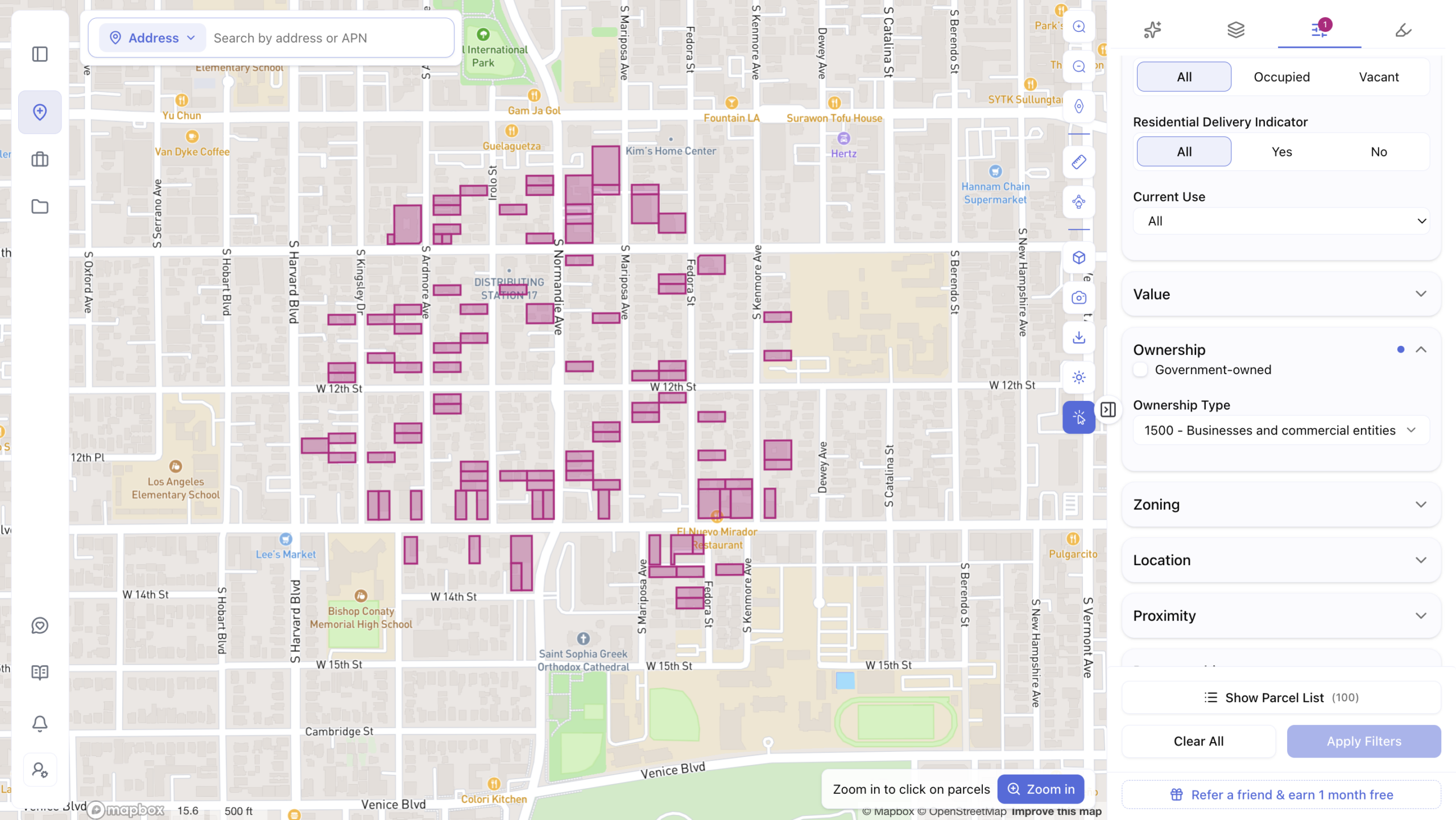 rchiwise Draw Search Area tool with parcel filters for ownership, zoning, and vacancy status