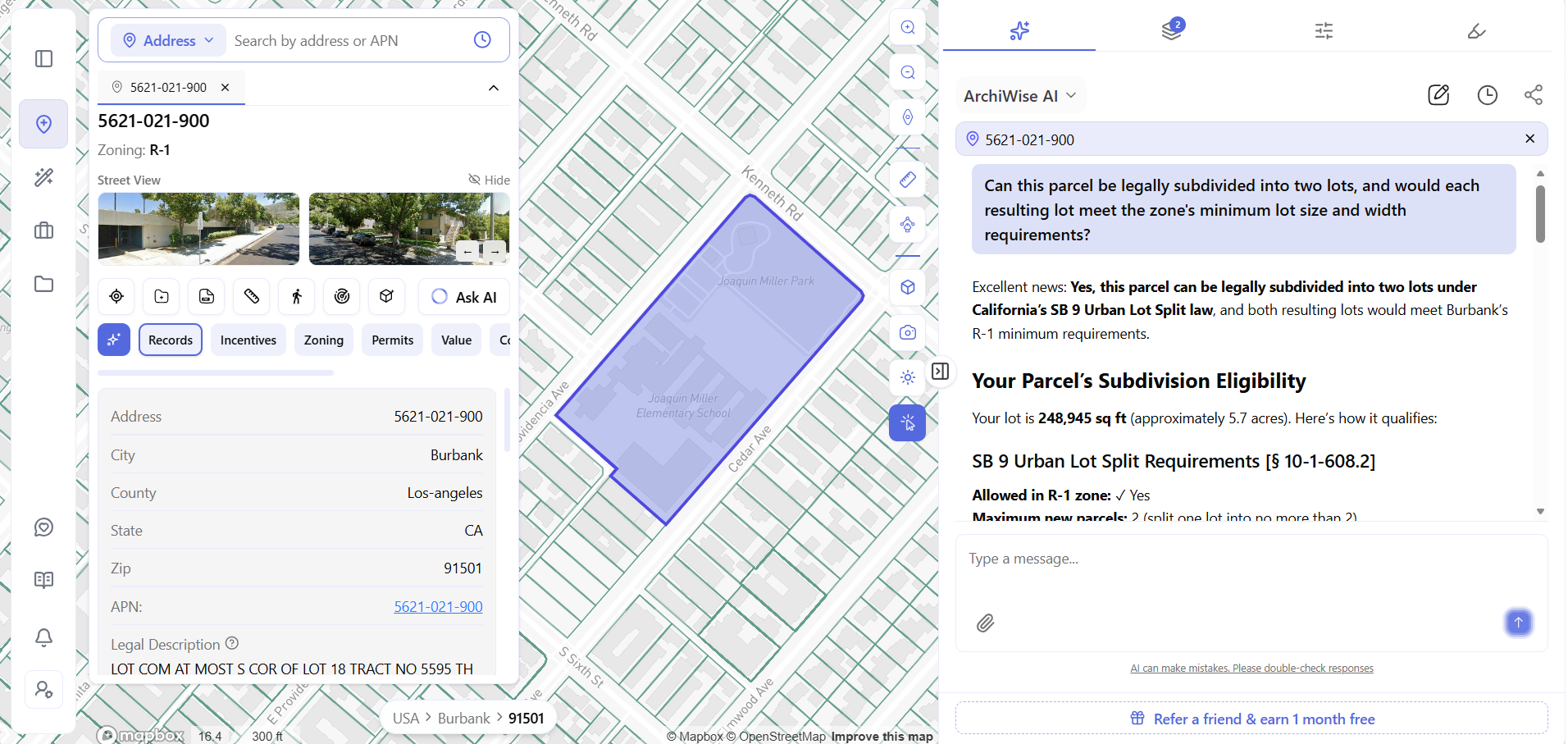 Archiwise AI Copilot confirming SB 9 Urban Lot Split eligibility for a 5.7-acre R-1 parcel in Burbank, CA, citing the applicable municipal code section.