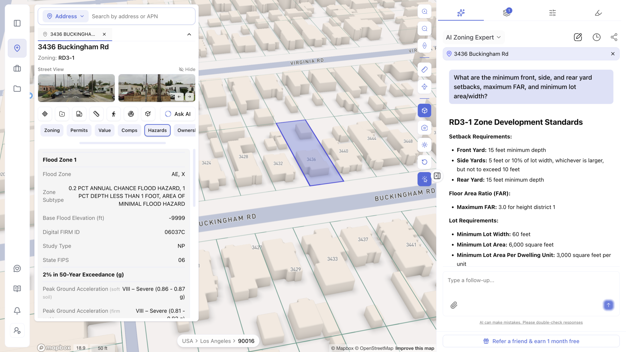 Screenshot of a zoning research app showing a 3D map view of a property at 3436 Buckingham Rd in Los Angeles, zoned RD3-1. The left panel displays flood zone and seismic hazard data, while the right panel shows an AI Zoning Expert answering a question about setback requirements, maximum floor area ratio (FAR), and minimum lot area and width standards for the RD3-1 zone.