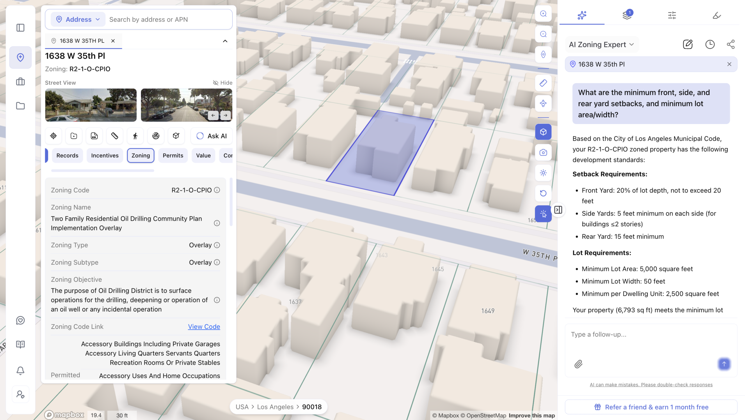 Screenshot of a zoning research app showing a 3D map view of a property at 1638 W 35th Pl, Los Angeles, zoned R2-1-O-CPIO. The right panel displays an AI zoning assistant answering a question about setback and lot requirements, including front, side, and rear yard setbacks, minimum lot area, lot width, and dwelling unit size. The left panel shows property details, street view photos, and zoning code information for the Two Family Residential Oil Drilling Community Plan Implementation Overlay zone.