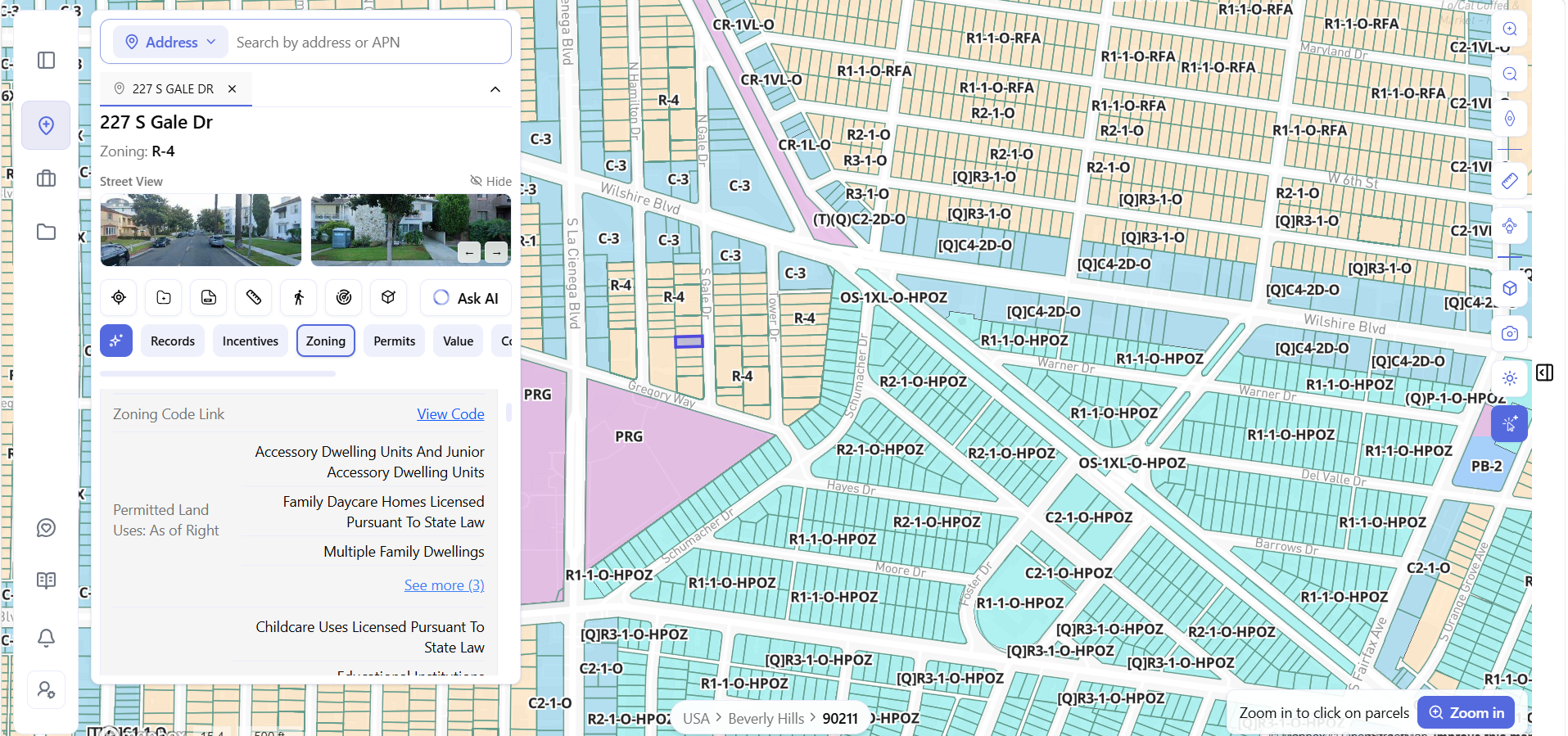 Archiwise map showing color-coded zoning districts across a Beverly Hills neighborhood with parcel info panel open