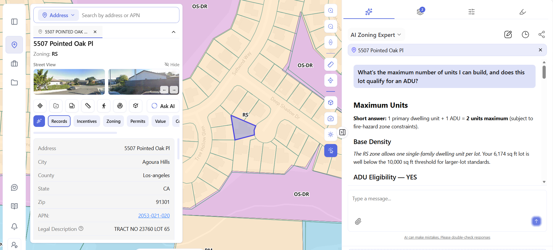 Archiwise AI Zoning Expert answering a follow-up question about maximum units and ADU eligibility for 5507 Pointed Oak Pl, Agoura Hills, with the Zoning map layer visible showing surrounding RS and OS-DR districts.