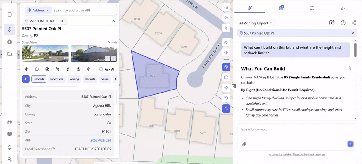 Archiwise AI Zoning Expert answering "What can I build on this lot, and what are the height and setback limits?" for 5507 Pointed Oak Pl, Agoura Hills, with by-right and conditional uses cited to Agoura Hills Municipal Code Article IX, Chapter 2, section 9241 et seq.