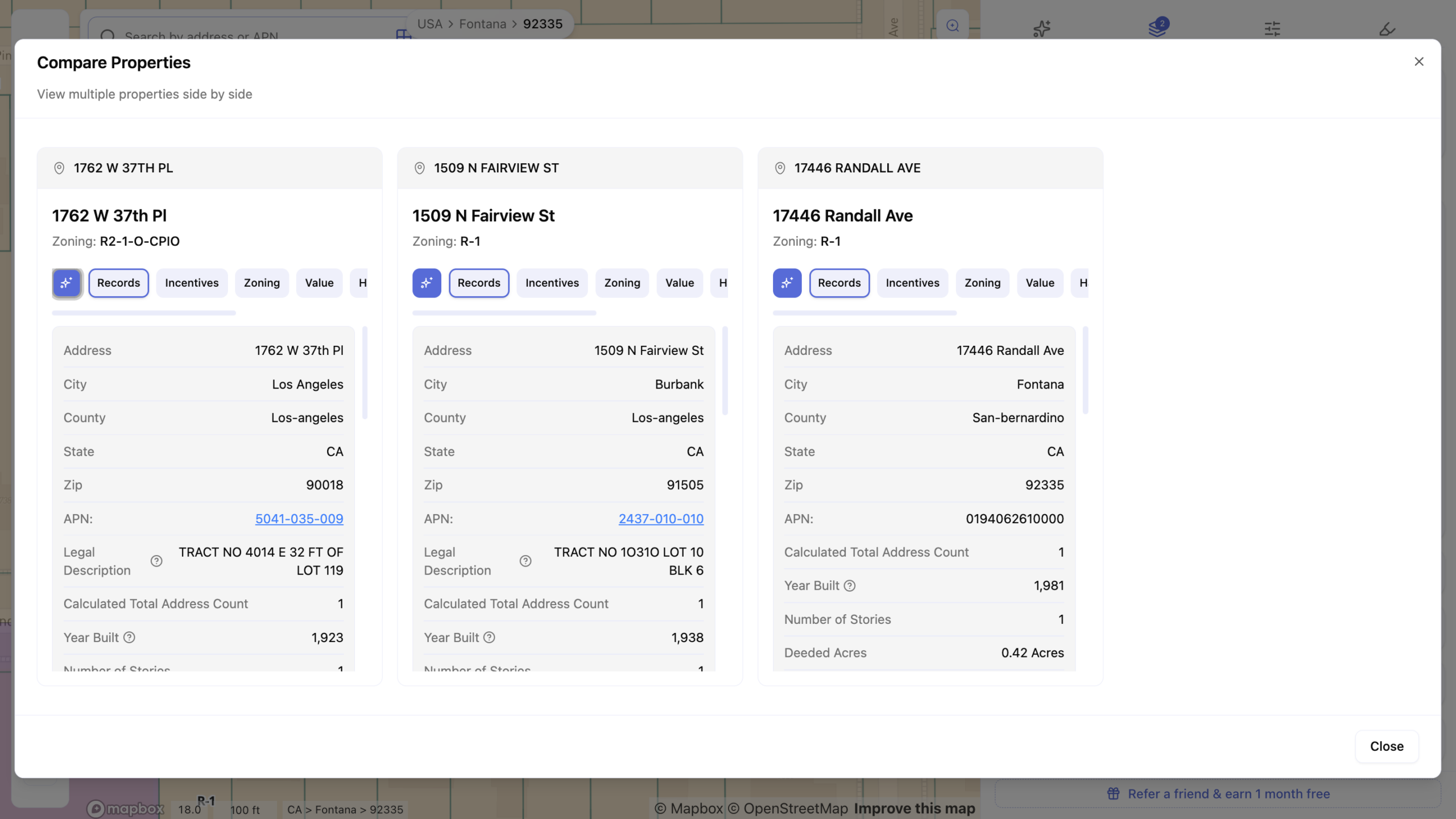 Screenshot of a 'Compare Properties' feature showing three California parcels side by side—in Los Angeles, Burbank, and Fontana—with zoning designations, county, year built, and lot record details displayed for easy comparison across cities.