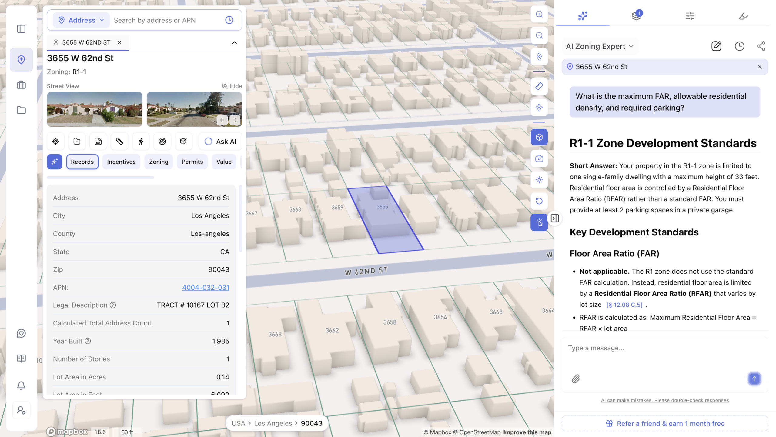 Screenshot of a zoning research app showing a 3D map view of a property at 3655 W 62nd St in Los Angeles, zoned R1-1 single-family residential. The left panel displays property records including APN, lot size, year built, and number of stories, while the right panel shows an AI Zoning Expert answering a question about maximum FAR, residential density, and parking requirements, explaining that the R1 zone uses a Residential Floor Area Ratio (RFAR) instead of standard FAR and requires at least 2 garage parking spaces.