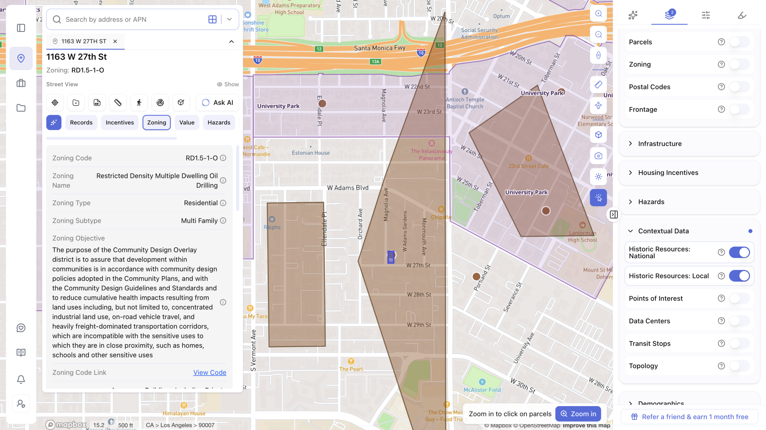 Screenshot of a Los Angeles property research platform displaying zoning details (RD1.5-1-O, Restricted Density Multiple Dwelling with Oil Drilling overlay) for a University Park parcel, with map overlays highlighting historic resource districts and a contextual data panel showing toggles for parcels, zoning, hazards, and housing incentives.