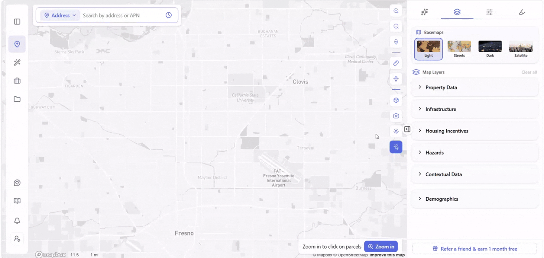Archiwise Housing Incentives map layer across the Fresno–Clovis area, with Difficult Development Areas, Low Income Housing, and Qualified Census Tract toggled on and cluster markers showing project counts.