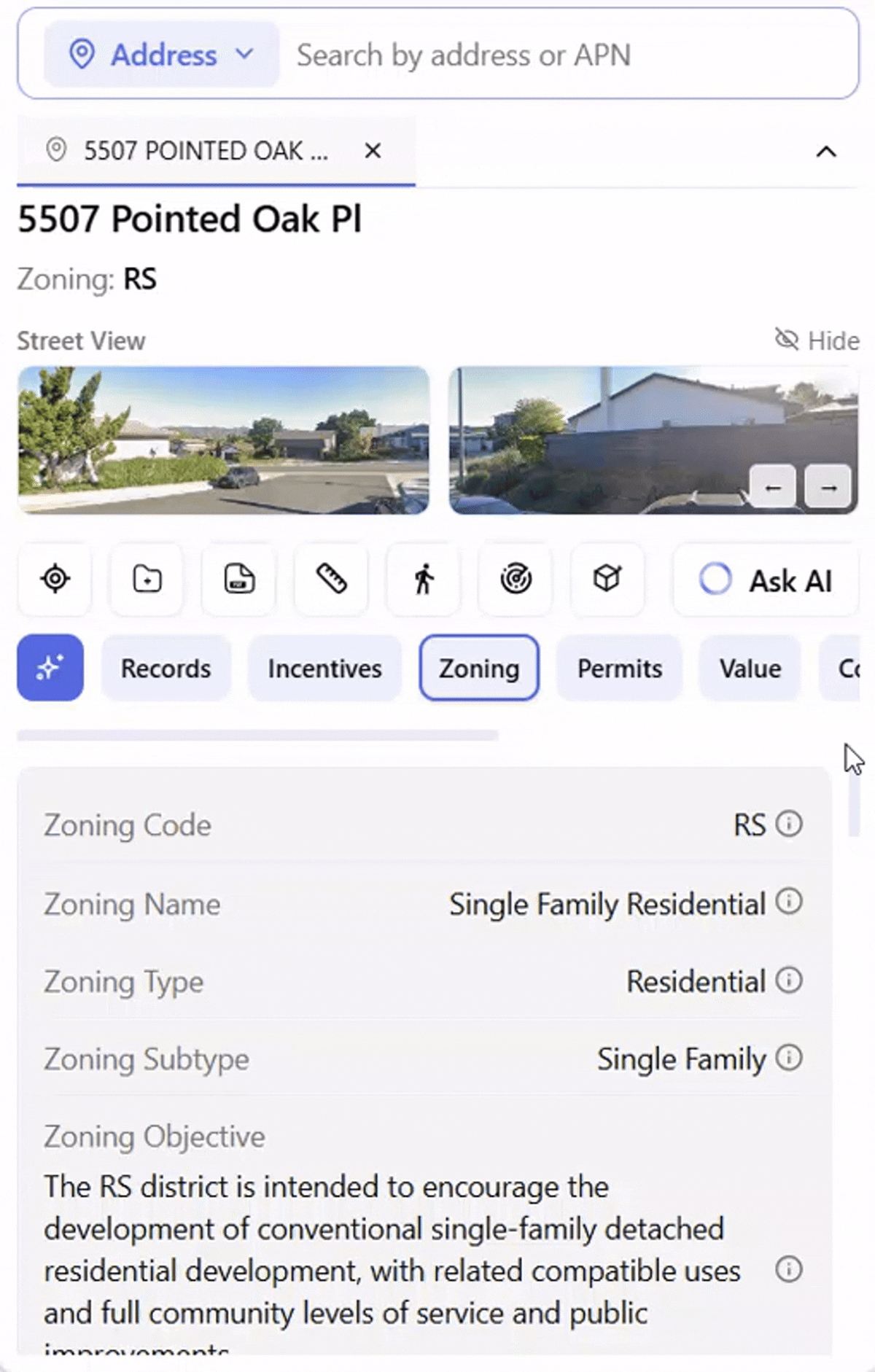 Archiwise Zoning tab showing RS zoning code, permitted uses, and tiered development standards for 5507 Pointed Oak Pl, Agoura Hills.