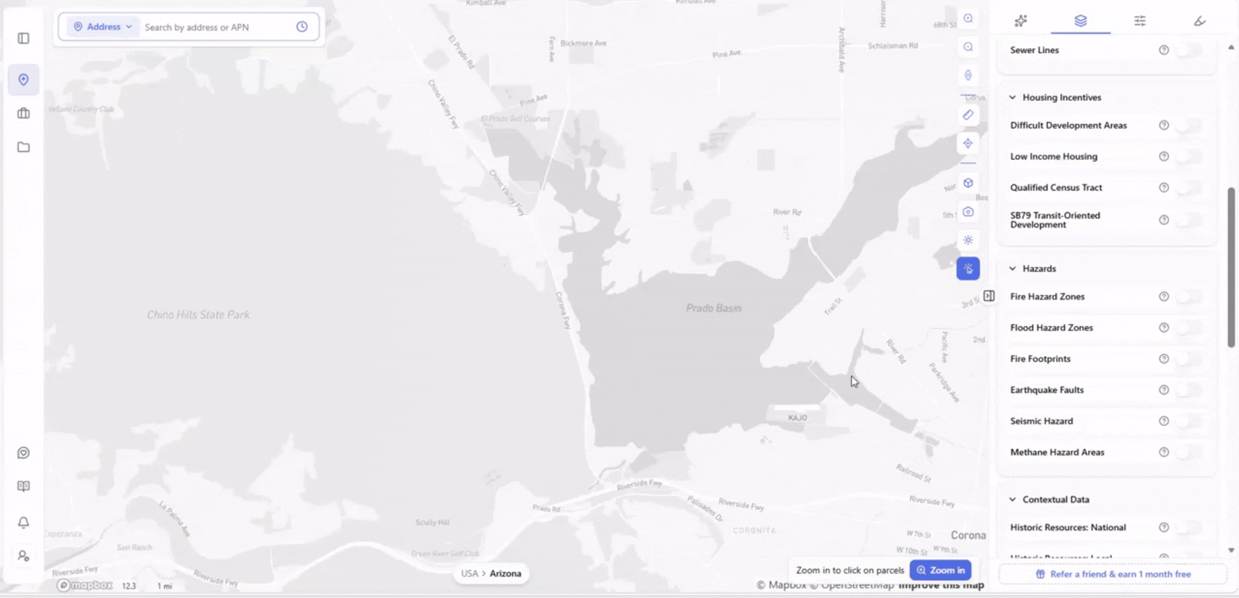 Animated GIF of Archiwise's Hazards layer group over the Prado Basin area near Corona, California, showing Fire Hazard Zones, Earthquake Faults, Seismic Hazard, and Methane Hazard Areas.