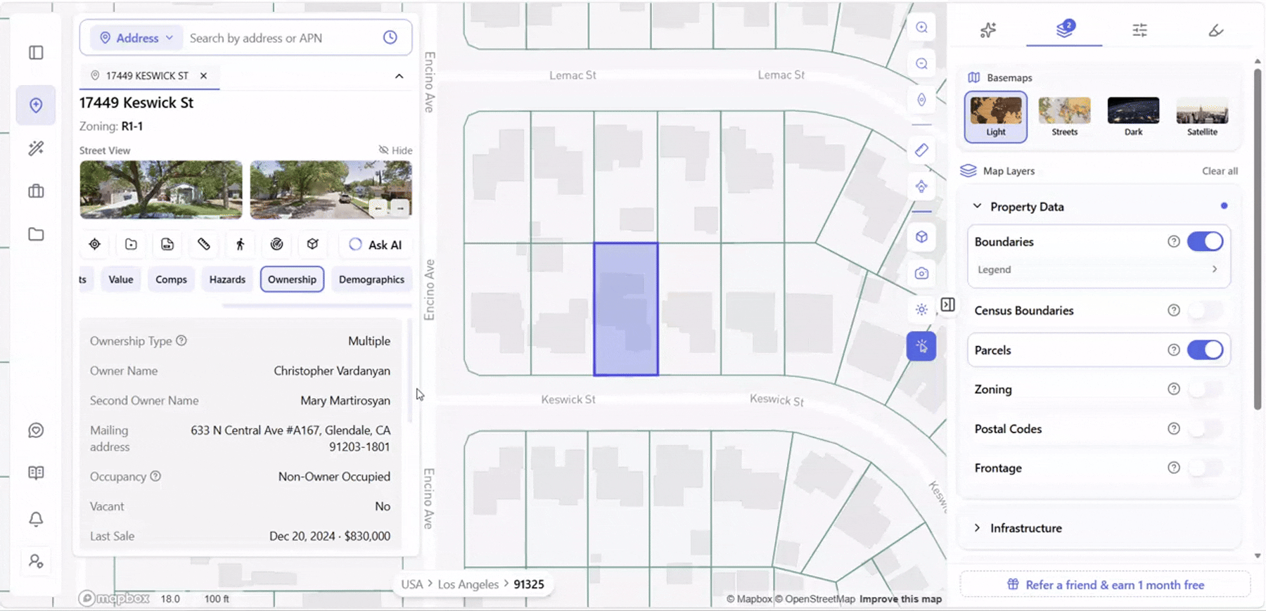 Archiwise Ownership tab for 17449 Keswick St, Northridge, CA, showing Private Trust ownership, a 1.4-year hold period flagged Weak Sell Candidate, and the Load Owner Contacts click-through.