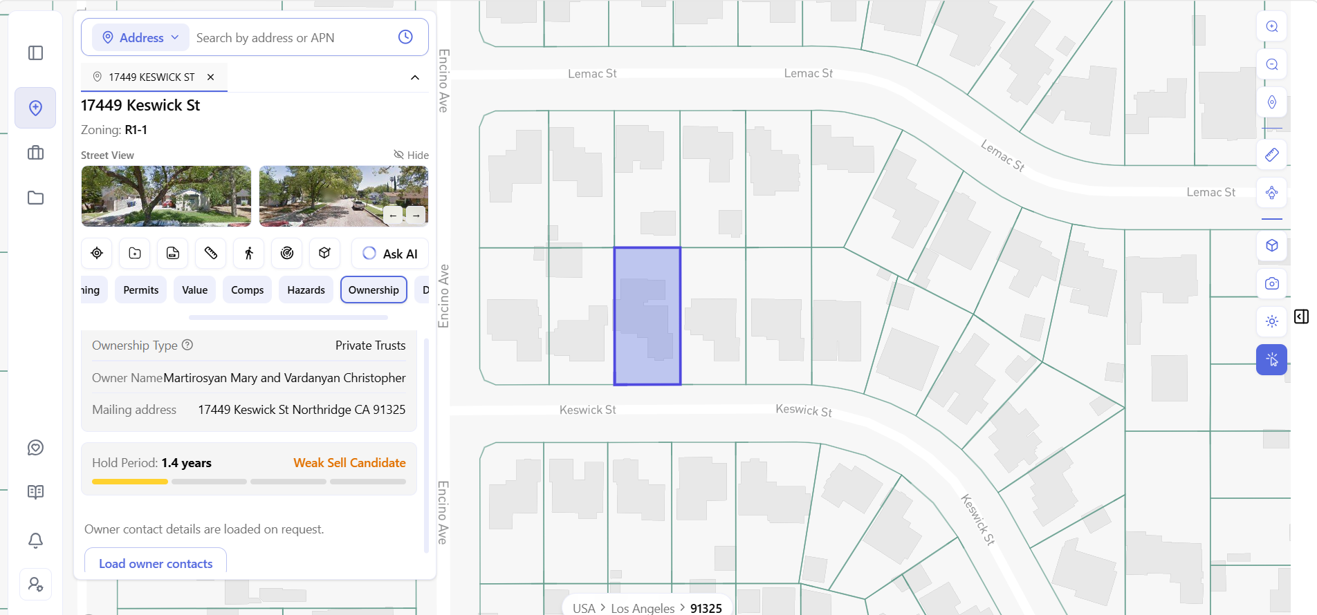 Archiwise Ownership tab for 17449 Keswick St, Northridge CA - Private Trusts ownership, mailing address matching the site address, 1.4-year hold period, Weak Sell Candidate rating.