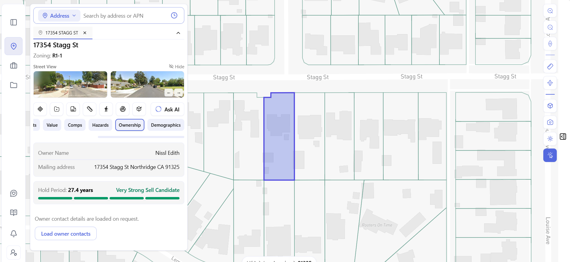 Archiwise Ownership tab for 17354 Stagg St, Northridge CA - owner Nissl Edith, mailing address matching the site address, 27.4-year hold period, Very Strong Sell Candidate rating.