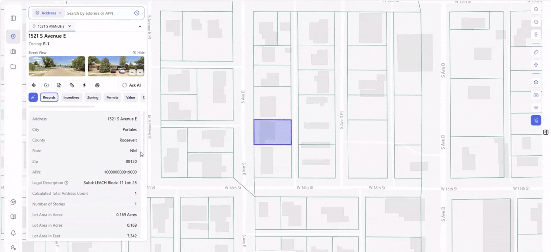Animated GIF of Archiwise's Radius Map tool centered on a single-family parcel at 1521 S Avenue E in Portales, New Mexico, with Street View and Records tab data shown