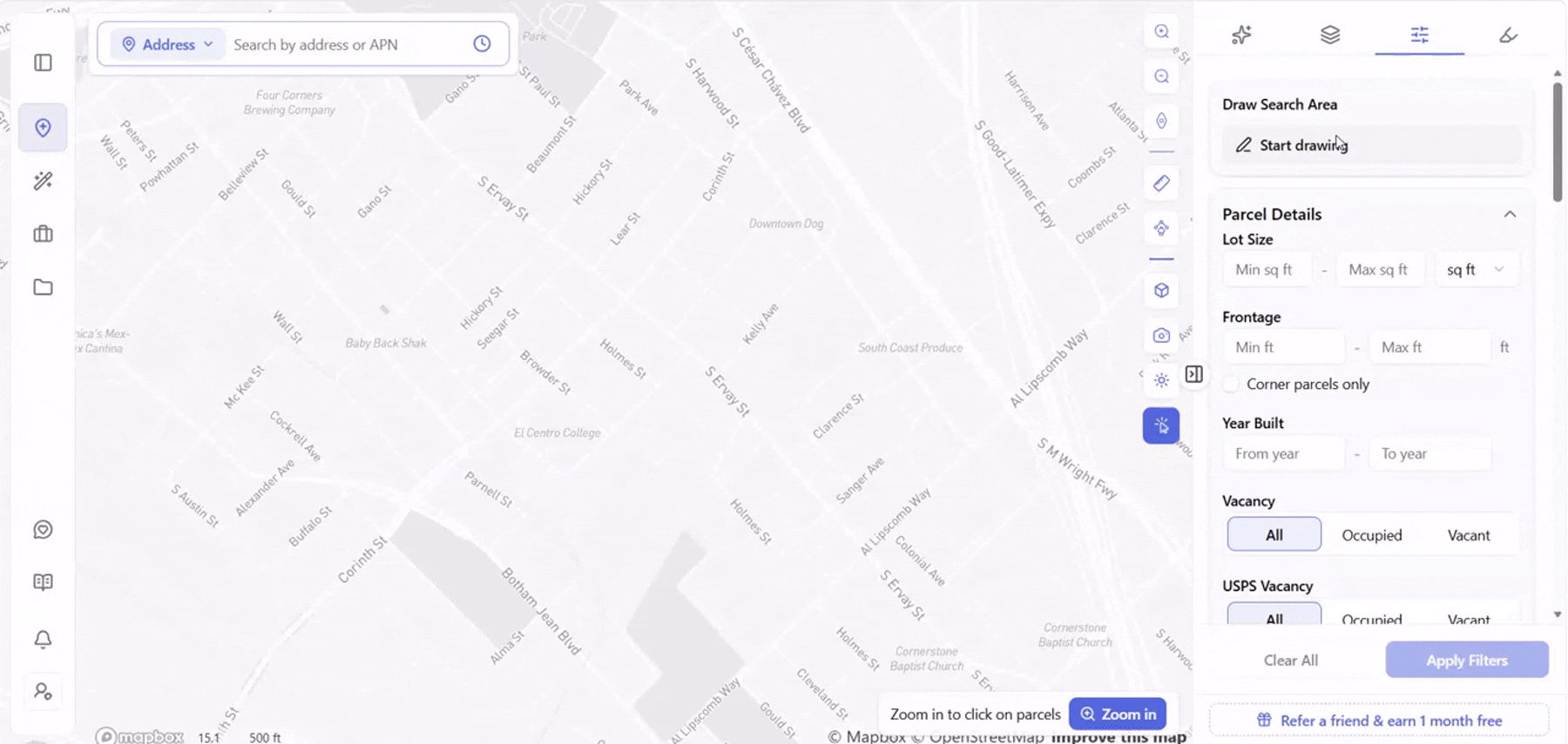 Archiwise site selection workflow: a search area drawn on the map, filtered by Current Use Commercial, Value $300K–$1M, and Ownership Type Businesses and commercial entities, narrowing to 10 matching parcels in the Parcel List