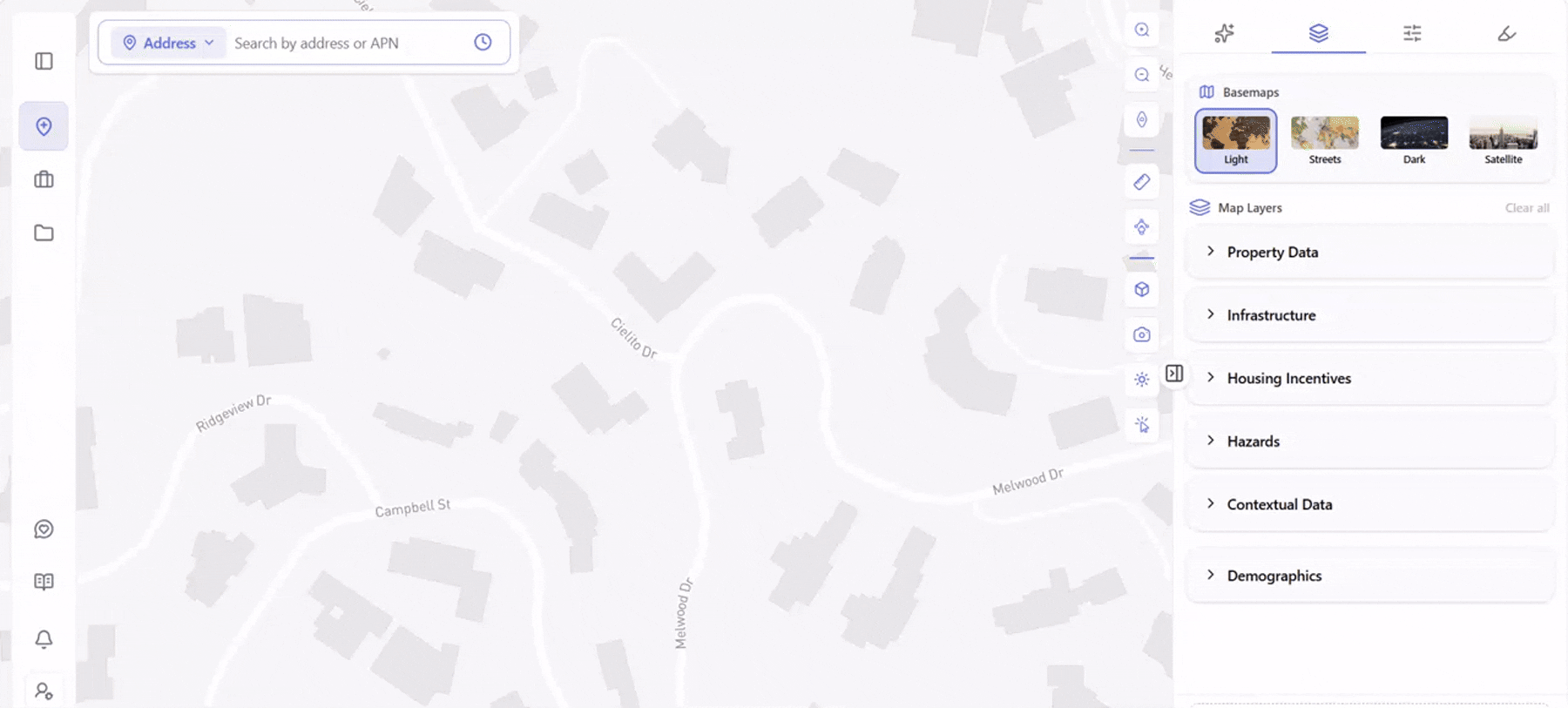 Animated GIF of Archiwise's Topology and 3D elevation view over a hillside residential area, with the Map Layers panel open beside streets like Ridgeview Dr and Melwood Dr.